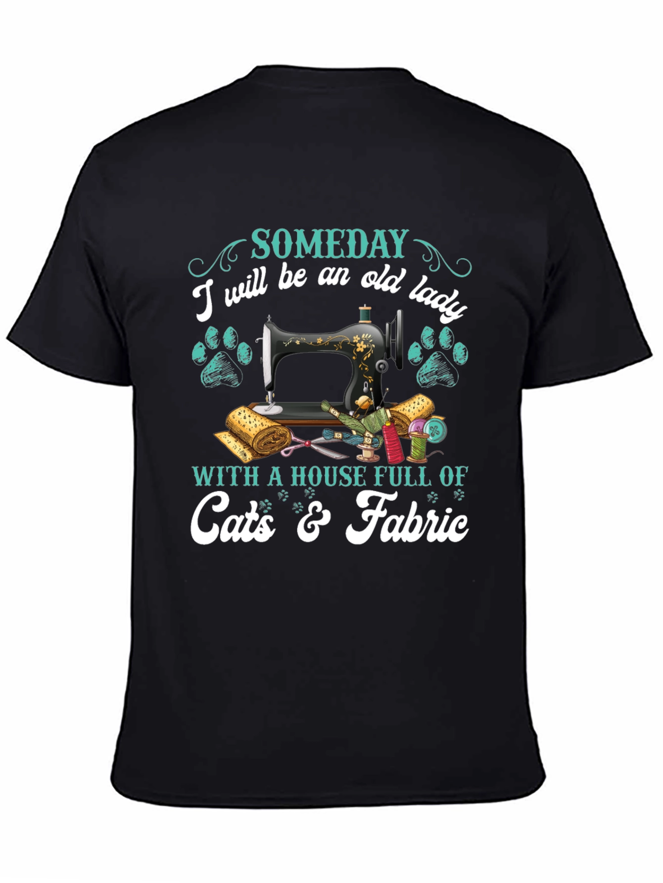 Black Old Lady Cats & Fabric T-Shirt Sewing Lover Shirt view 4