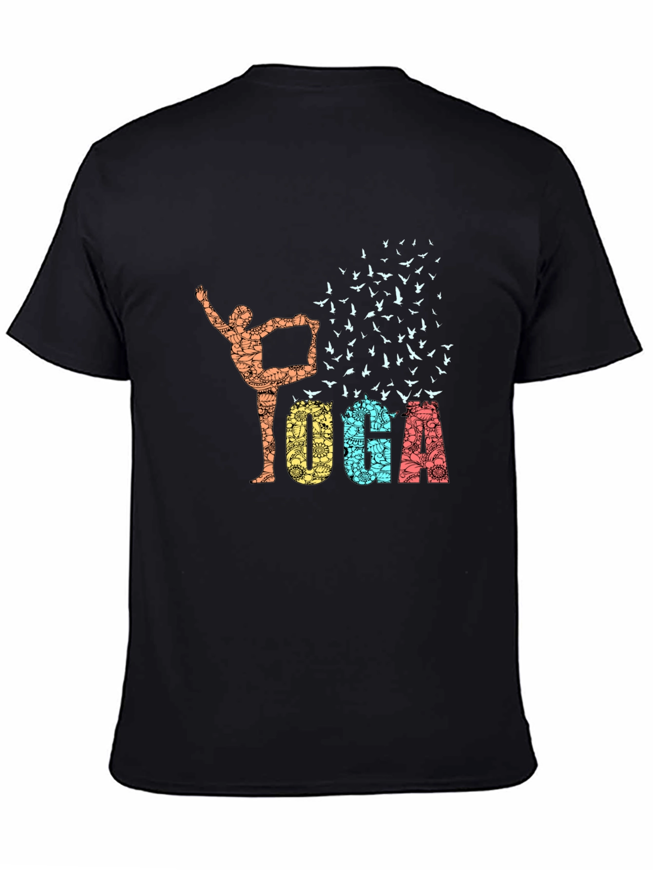 Black Yoga Pose & Birds Graphic Print Black T-Shirt view 4