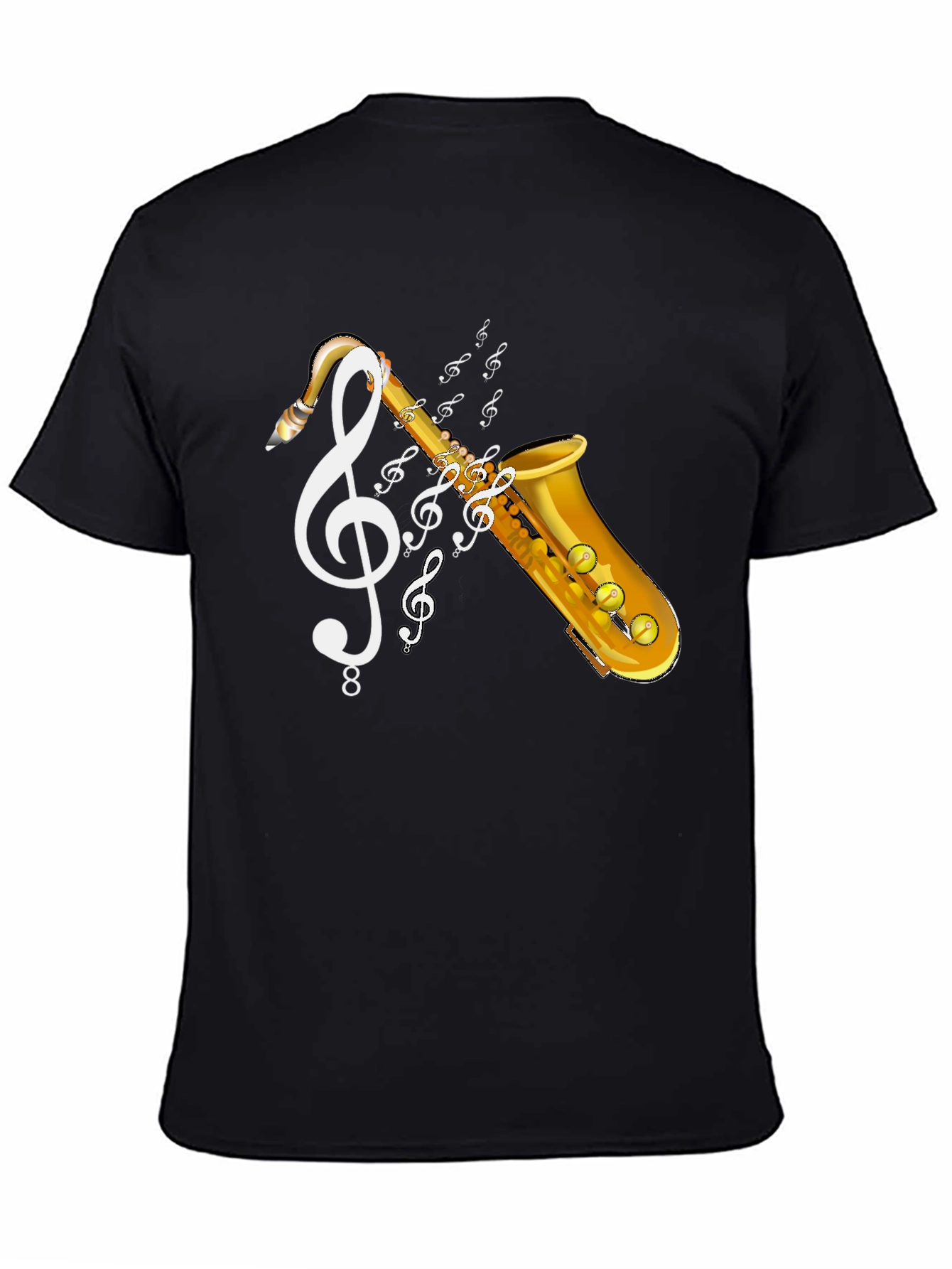 Black Saxophone Music T-Shirt - Musical Clef Design view 4