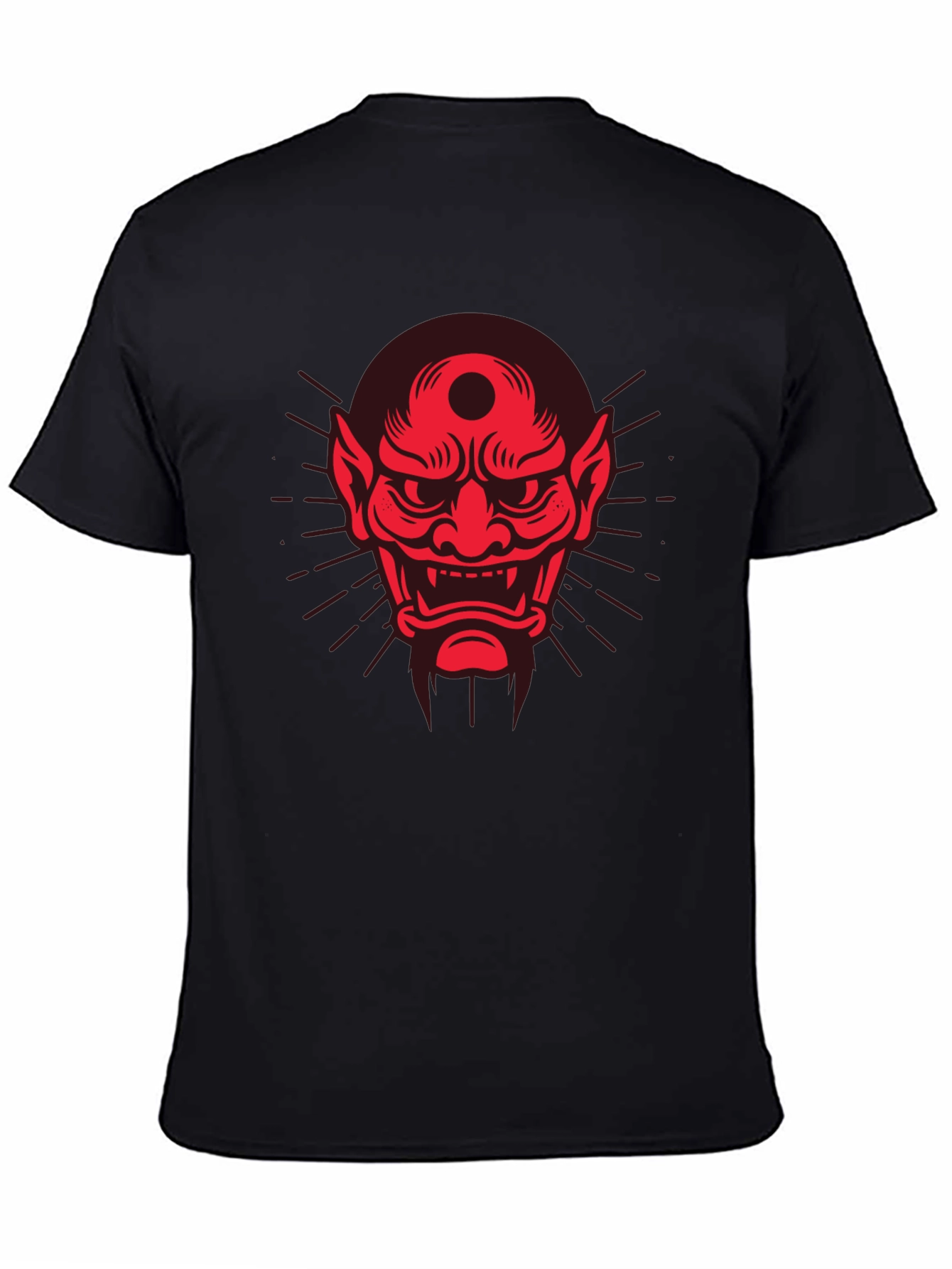 Black Men's Black T-Shirt with Red Oni Mask Design view 4