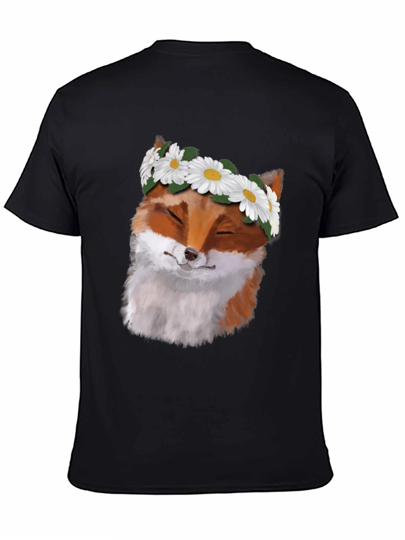 Black Fox with Daisy Crown Black T-Shirt - Unique Graphic Tee view 4