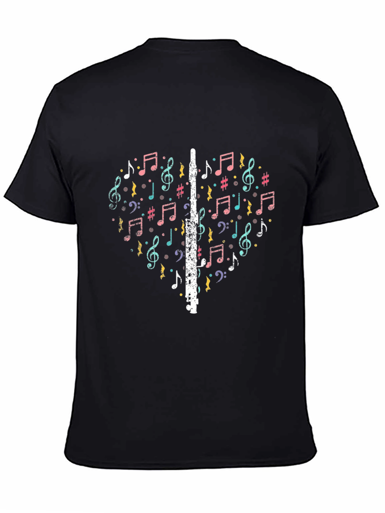 Black Musical Heart T-Shirt - Flute and Notes Design view 4