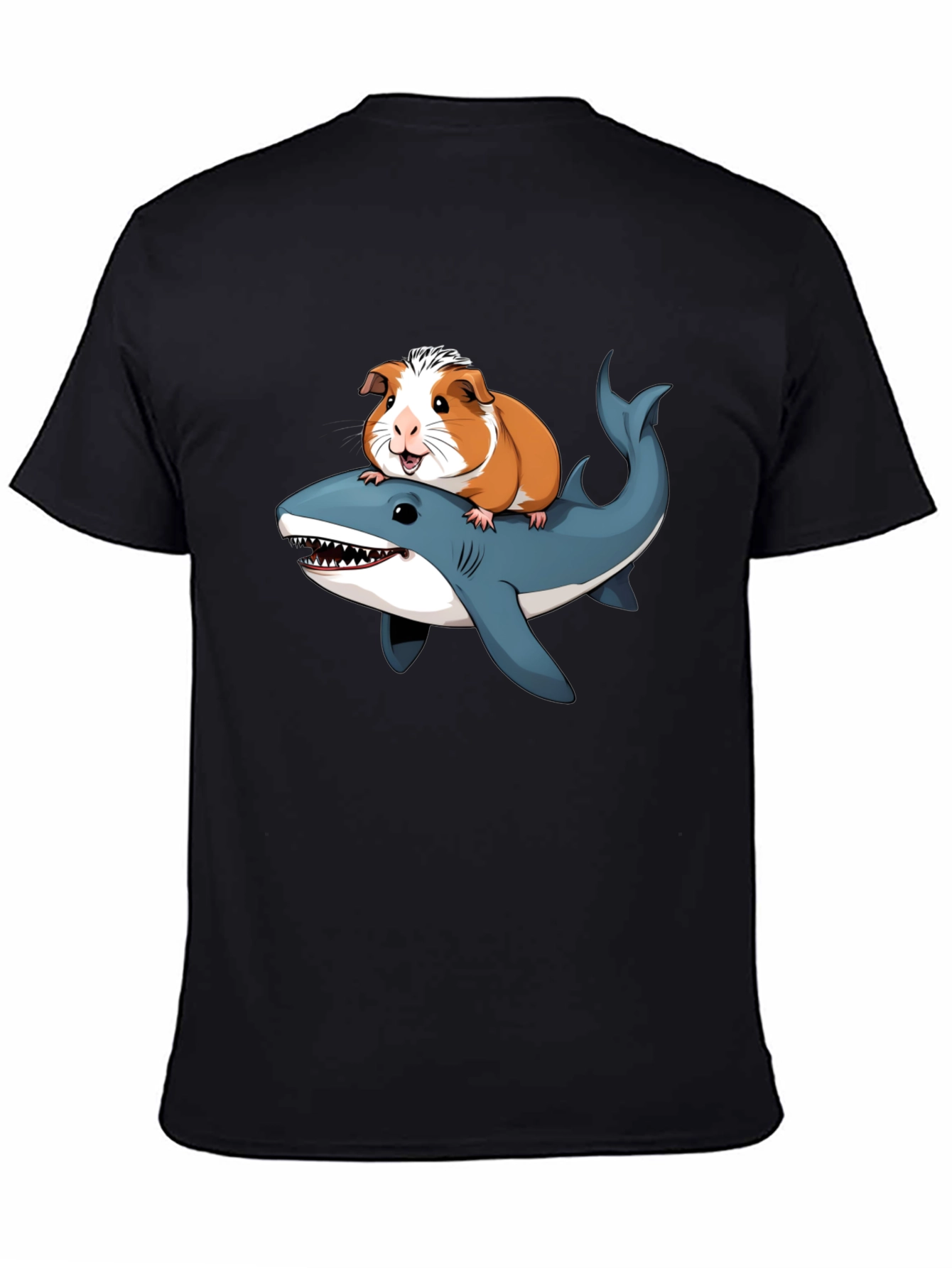 Black Guinea Pig Riding Shark Funny T-Shirt view 4