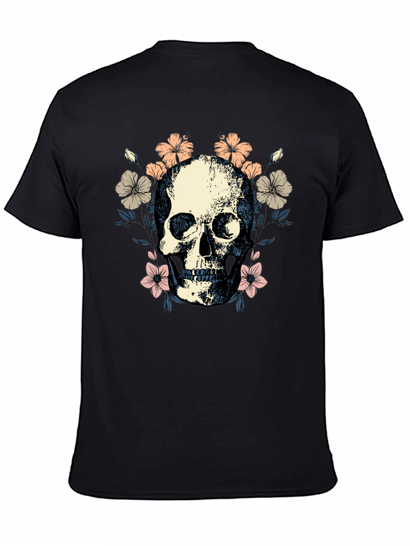 Black Floral Skull Graphic Tee - Stylish Black T-Shirt view 4