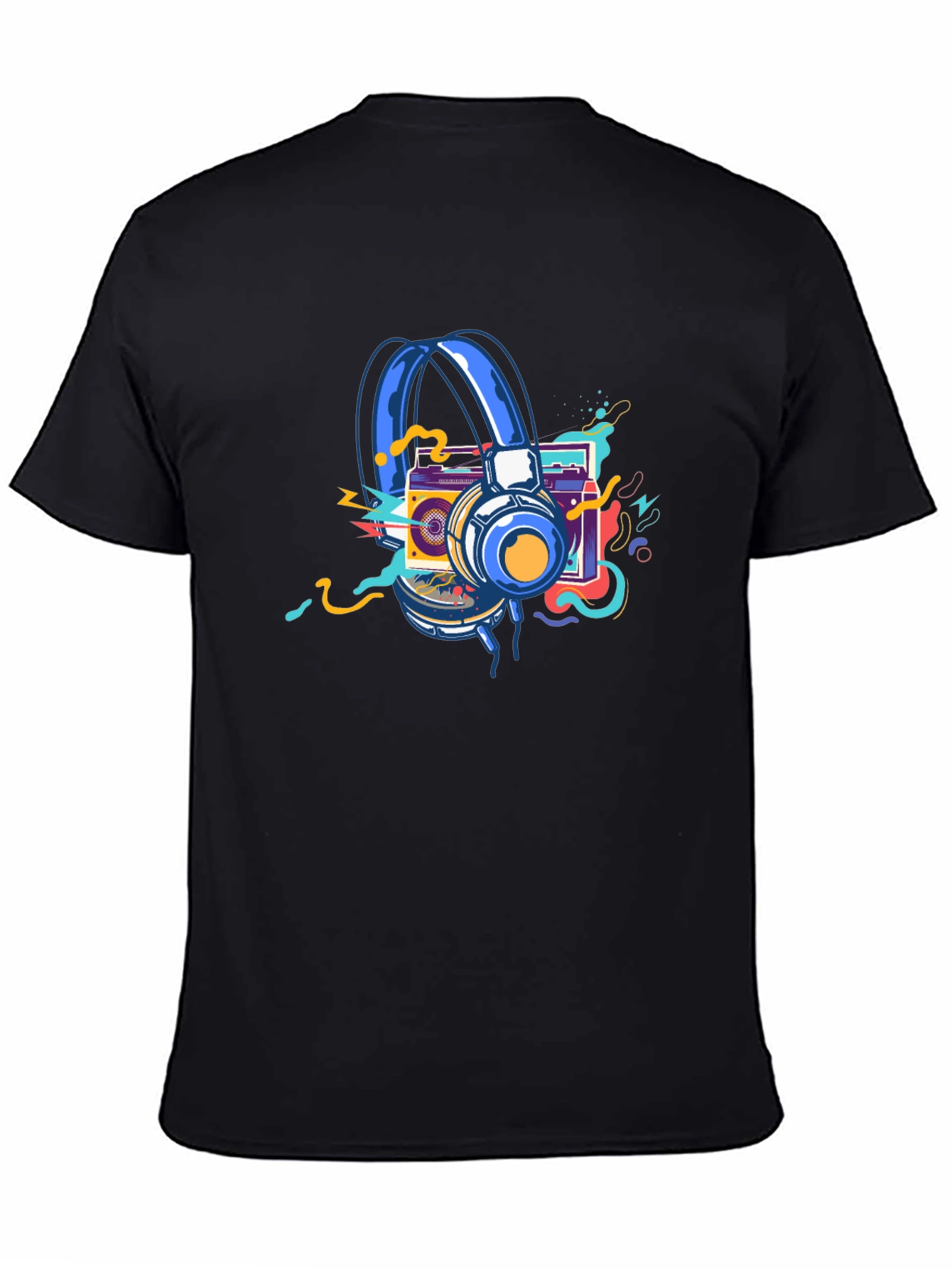 Black Retro Music Graphic T-Shirt: Headphones & Boombox view 4