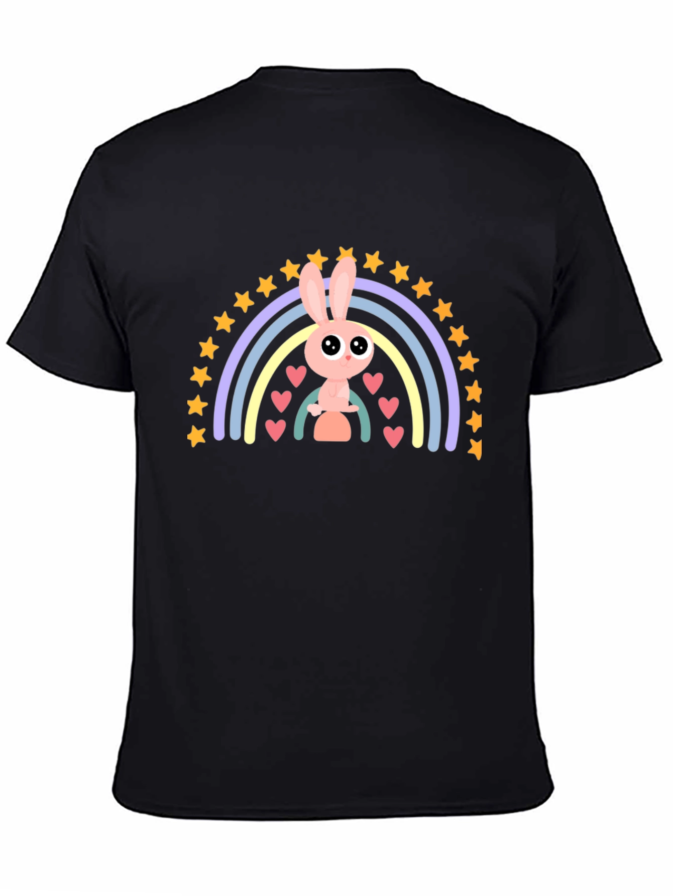 Black Cute Bunny Rainbow Graphic Tee - Soft Black Cotton T-Shirt view 4