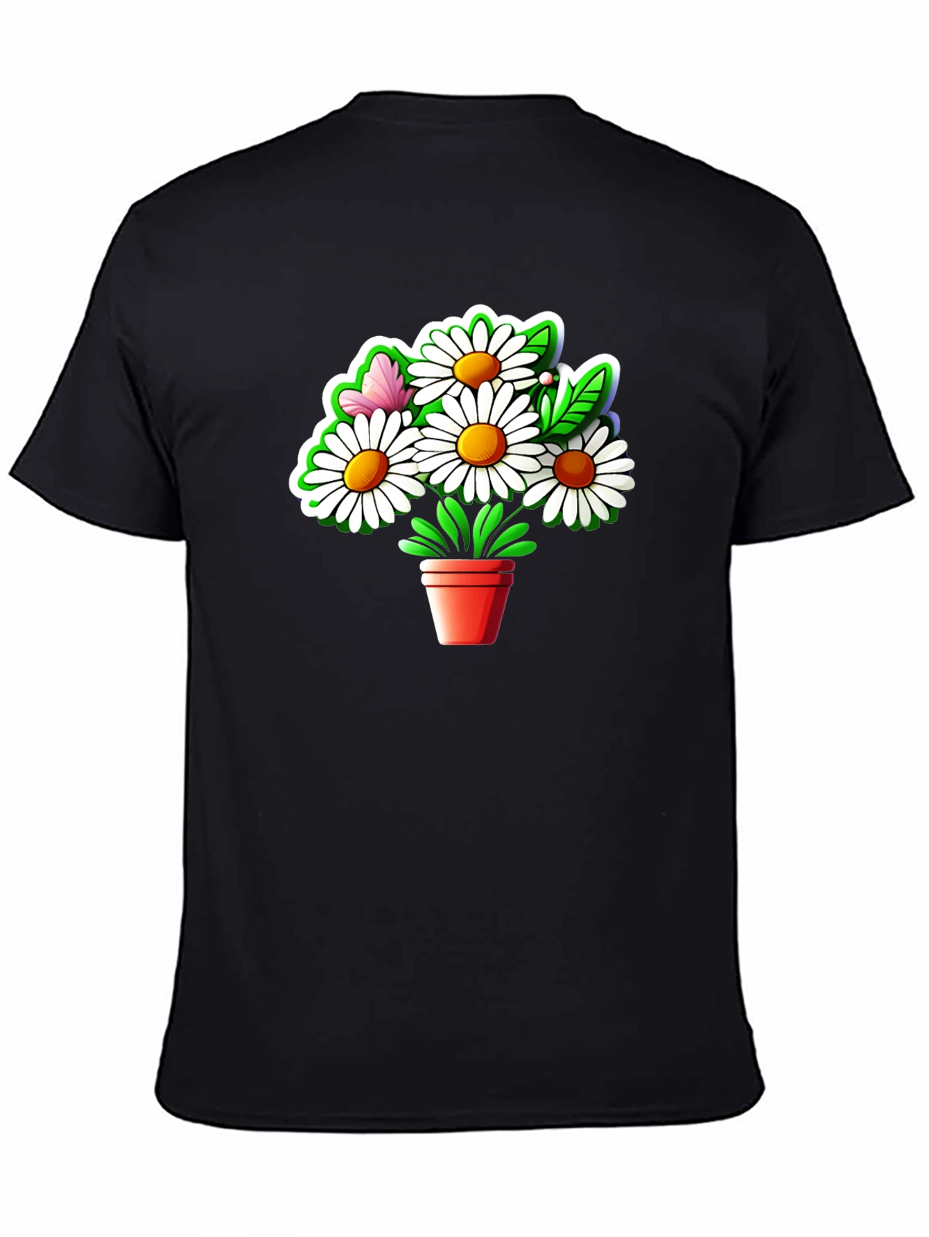Black Daisy Flower Pot Graphic Tee - Black Cotton Casual T-Shirt view 4