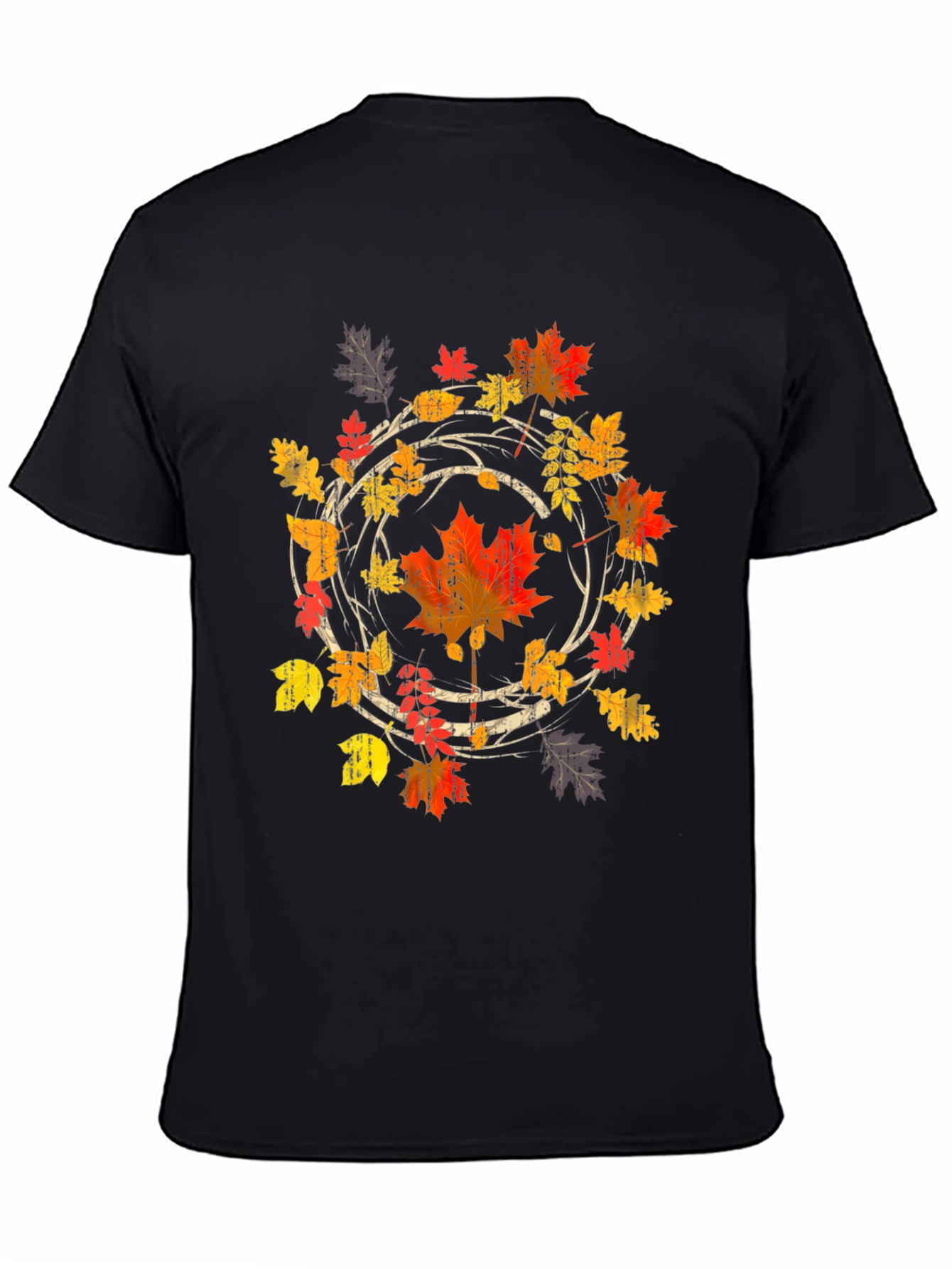 Black Autumn Leaf Circle Graphic Tee - Black Cotton Shirt view 4