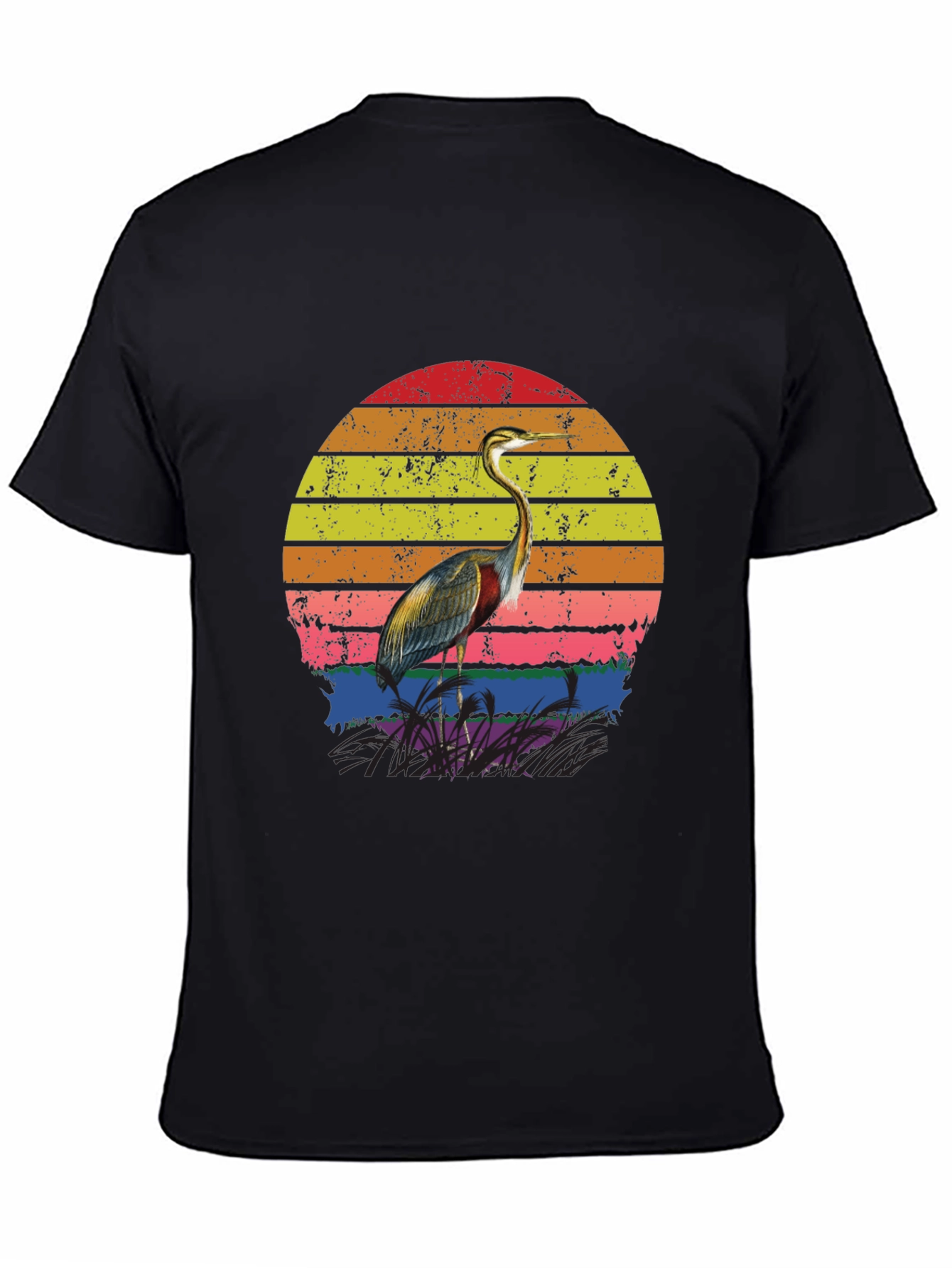 Black Retro Heron Sunset Graphic Tee - Black Cotton Blend view 4