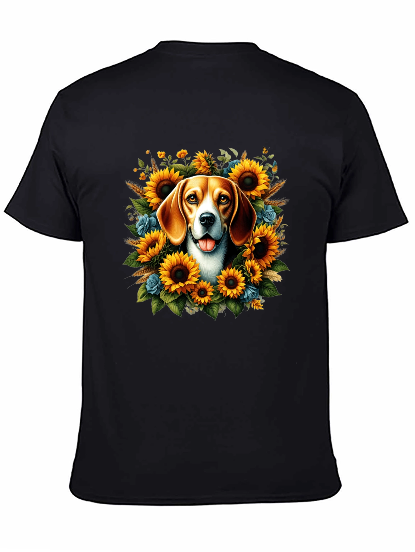 Black Dog Surrounded by Sunflowers Black T-Shirt view 4