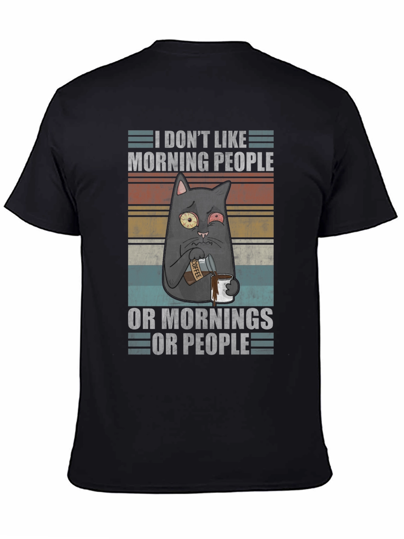 Black Humorous 'I Don't Like Morning People' Cat T-Shirt view 4