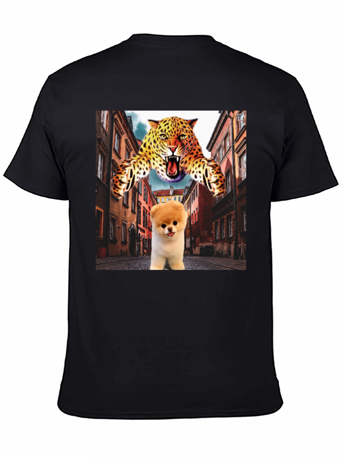 Black Novelty Graphic T-Shirt: Leopard and Pomeranian Design view 4