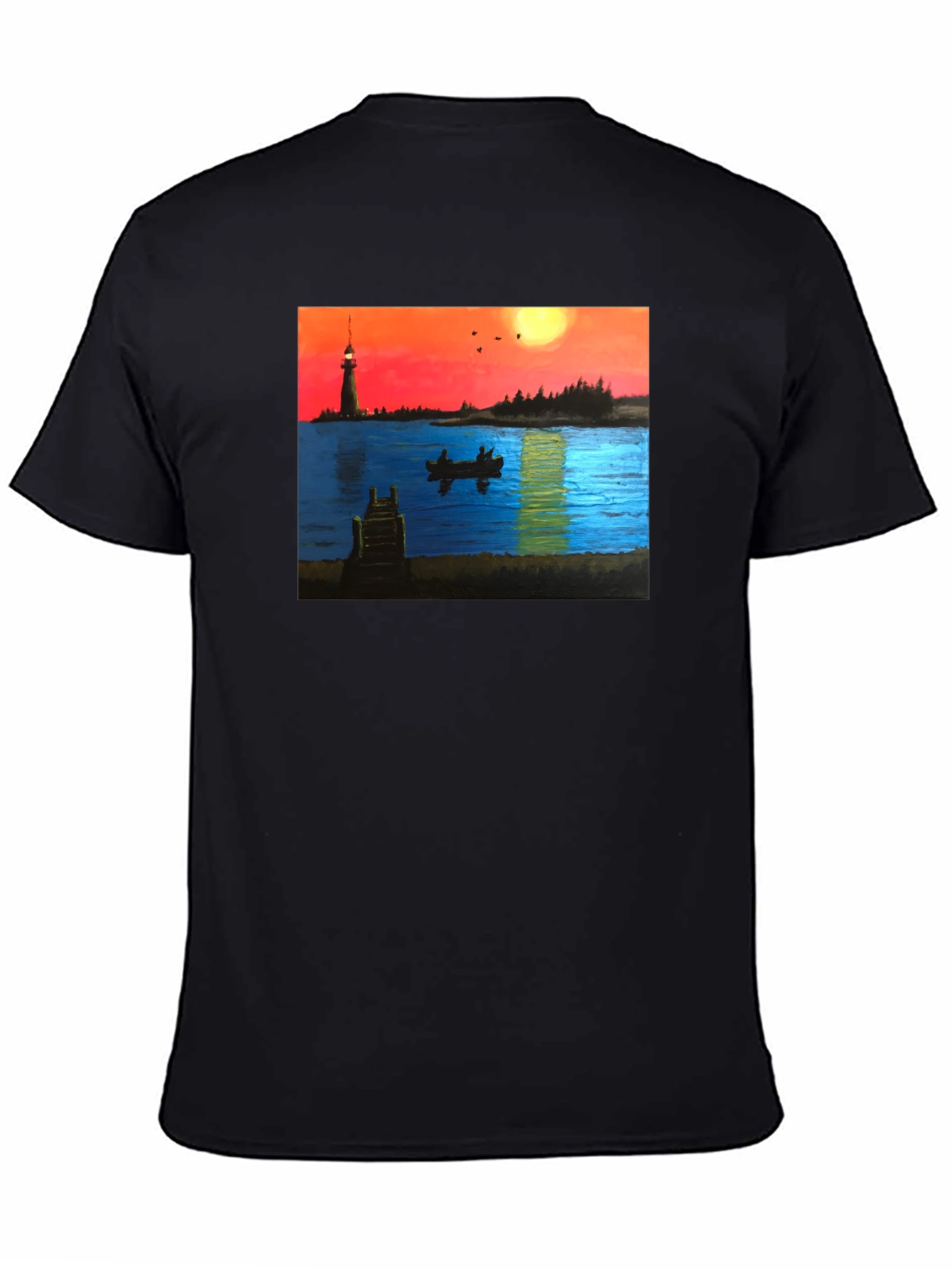 Black Sunset Lake Lighthouse Graphic Tee view 4