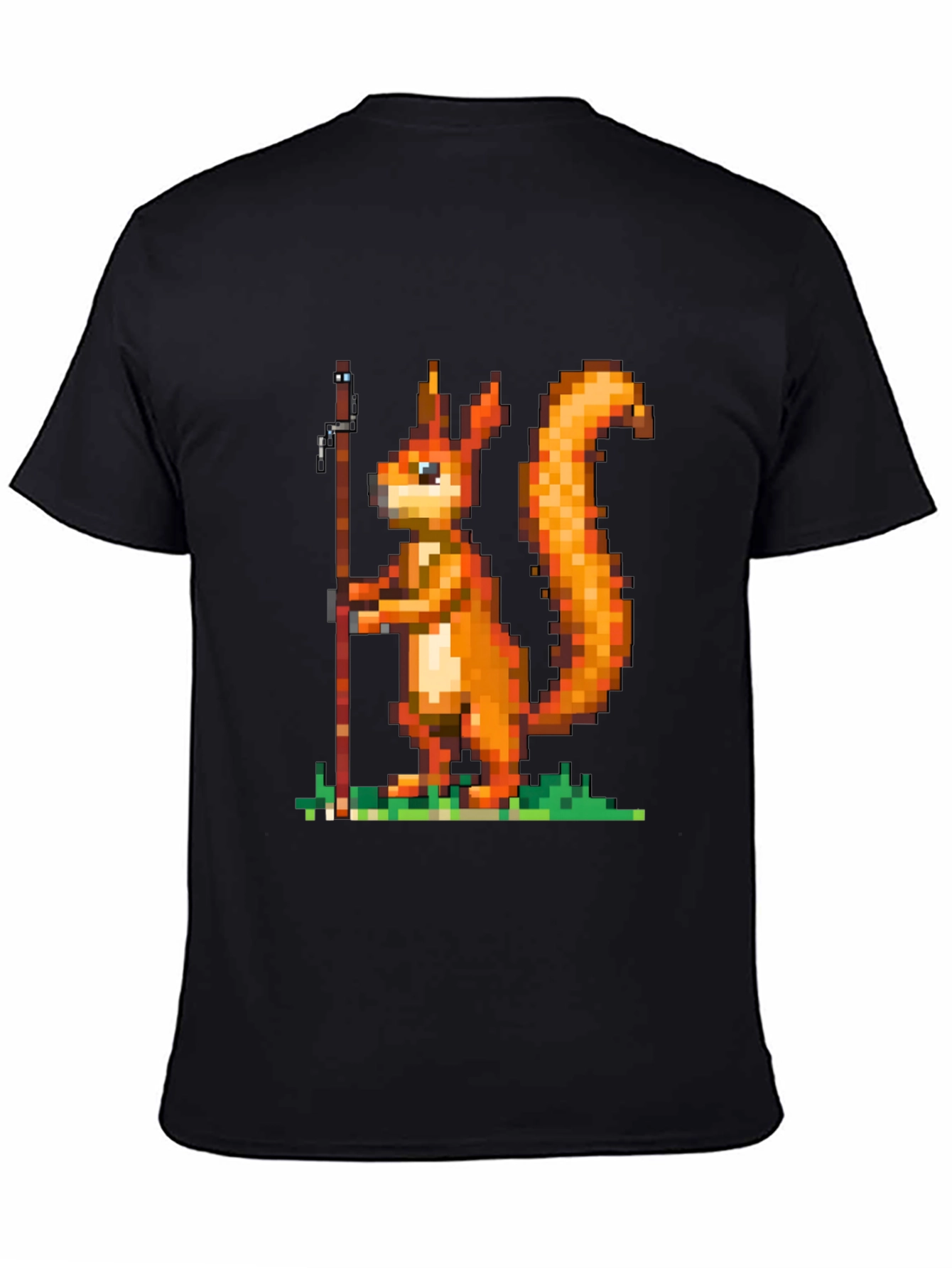 Black Pixel Squirrel Fishing T-Shirt - Black Cotton Tee view 4