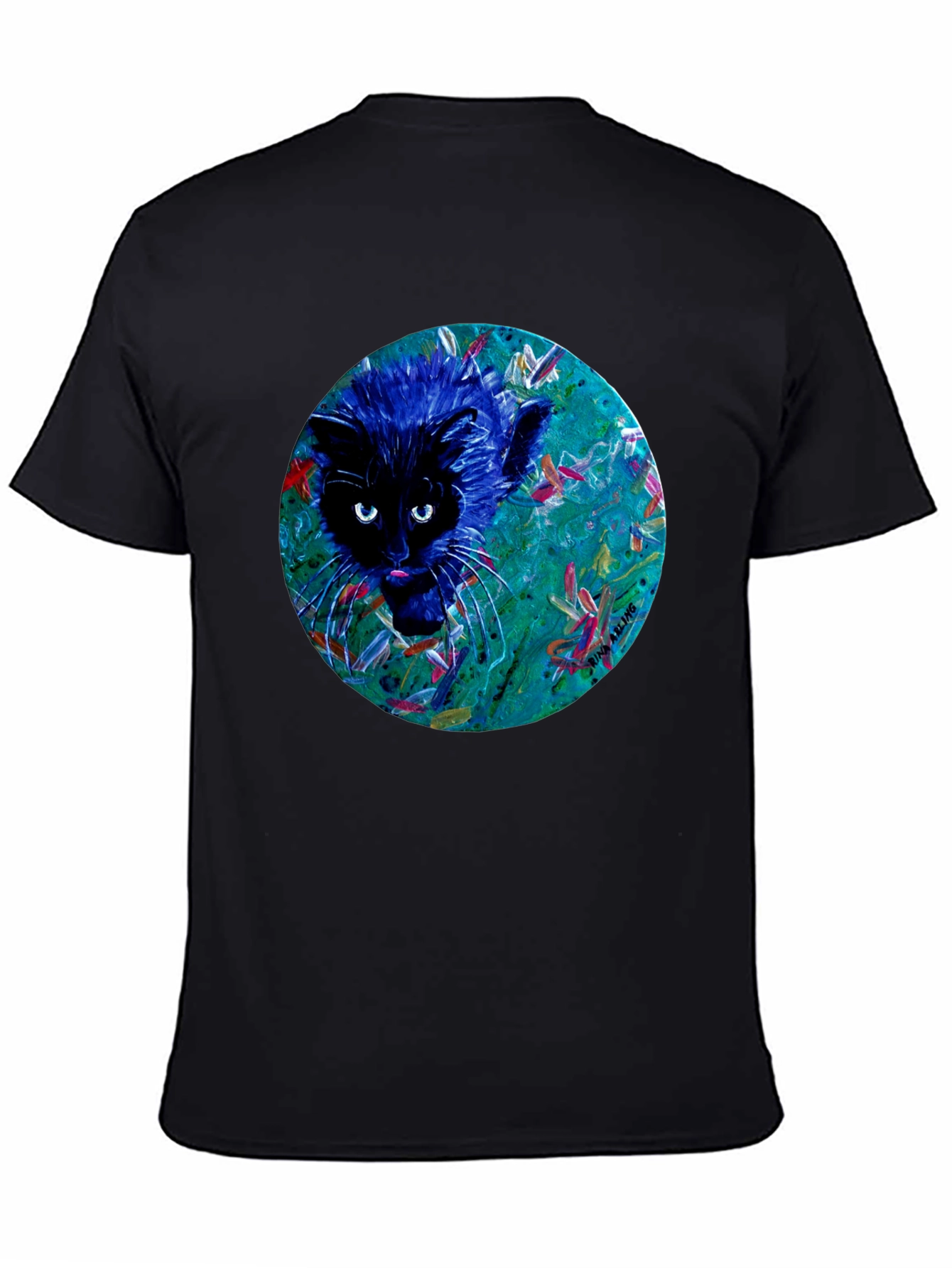 Black Abstract Cat Graphic Tee - Black Cotton T-Shirt view 4