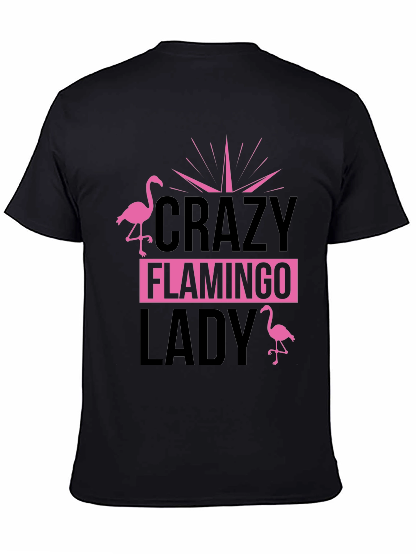 Black Crazy Flamingo Lady T-Shirt - Black Cotton Tee view 4