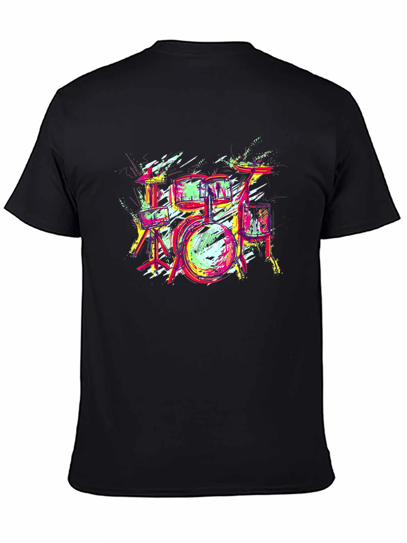 Black Vibrant Drum Set Graphic Tee - Black Cotton T-Shirt view 4