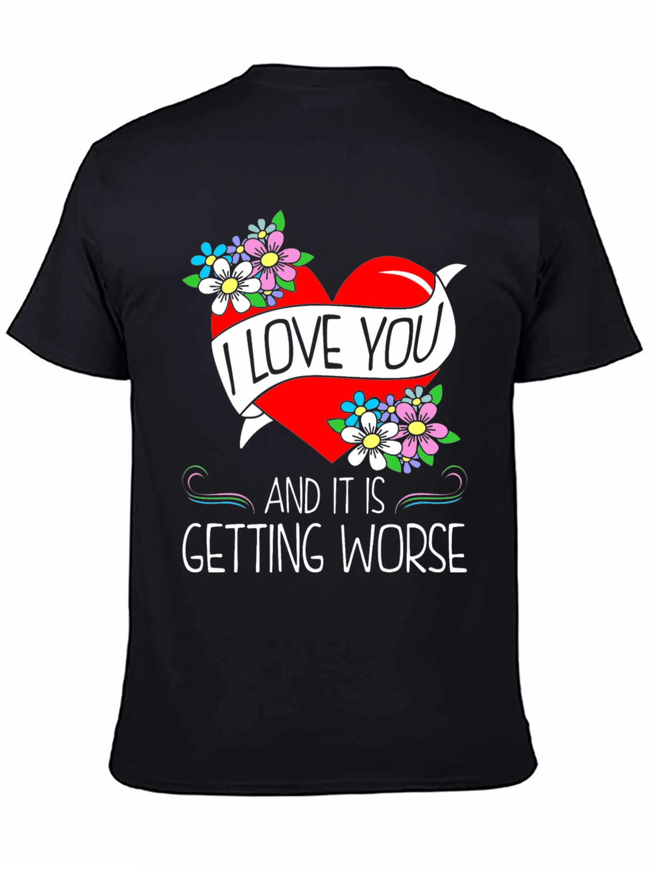 Black I Love You Graphic Tee - Novelty Heart & Flowers Design view 4