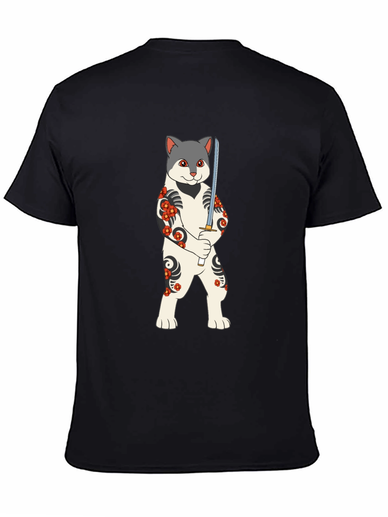Black Samurai Cat T-Shirt - Unique Graphic Tee view 4