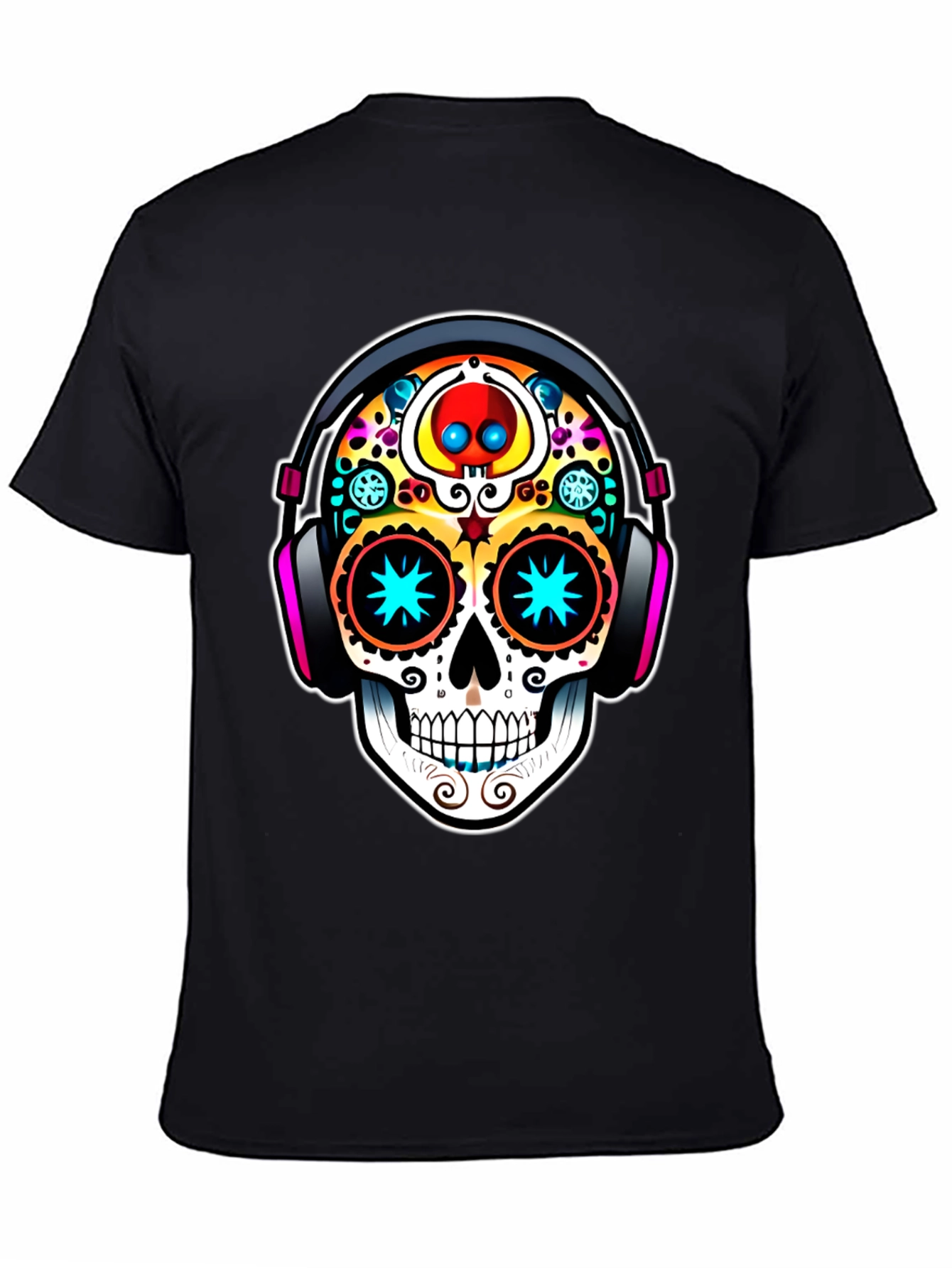 Black Skull DJ Black T-Shirt - Day of the Dead Style view 4
