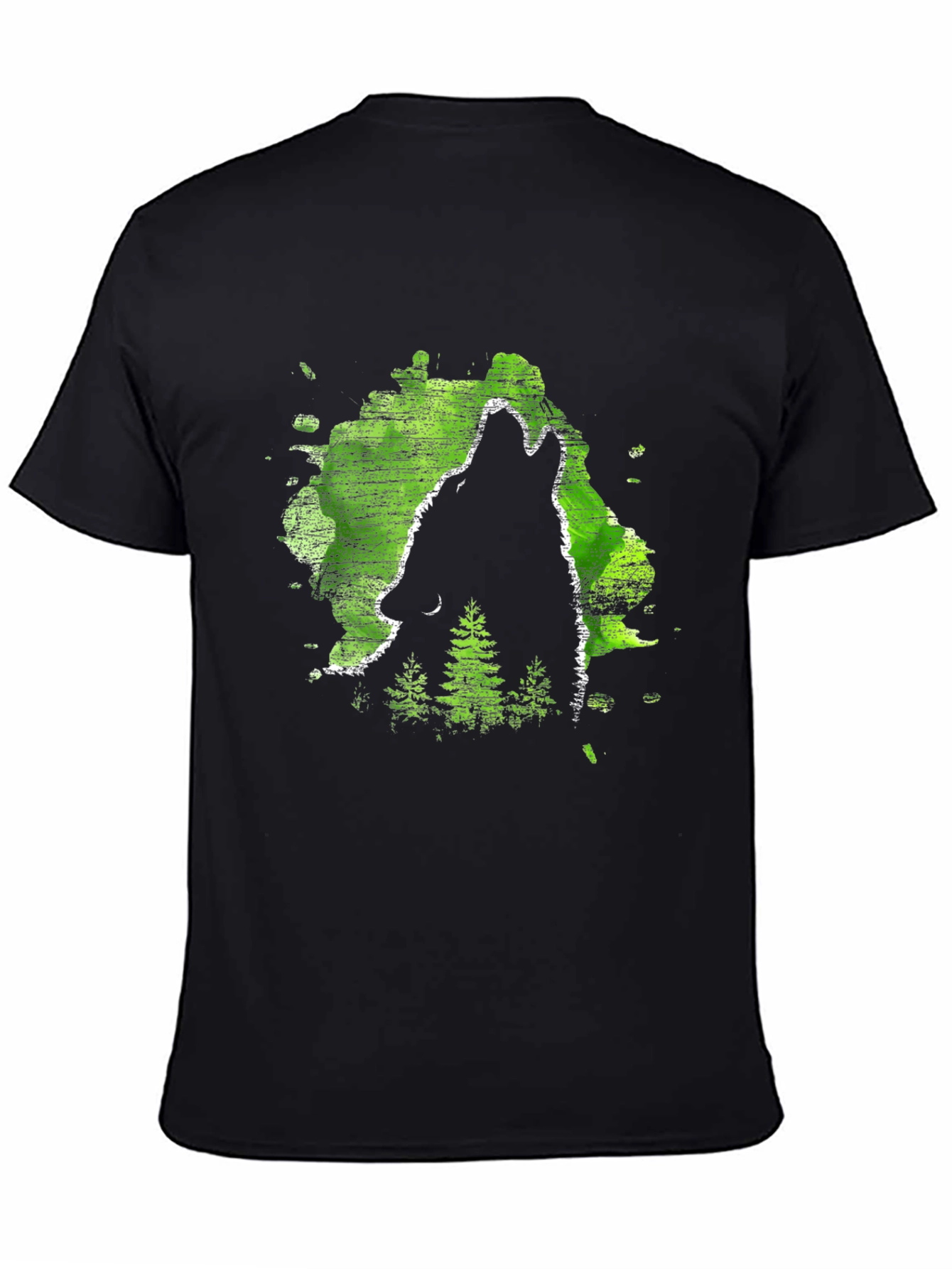 Black Wolf Howl Black T-Shirt, Green Forest Design view 4