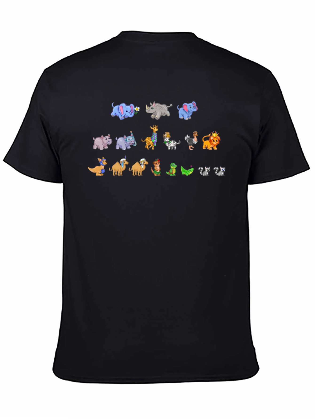 Black Cartoon Animals on Black Crewneck T-Shirt view 4