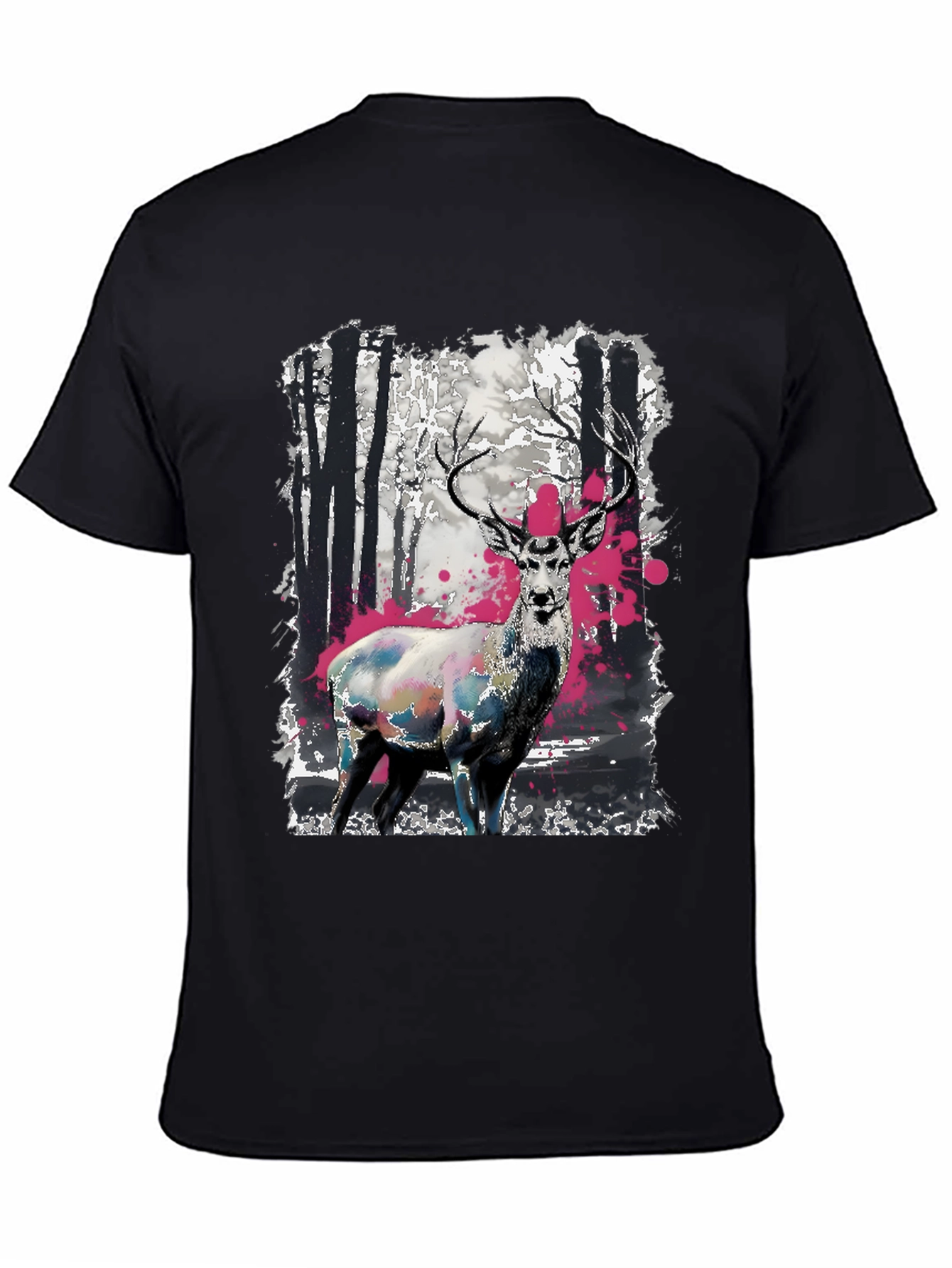 Black Deer in Forest Graphic Print Black T-Shirt view 4