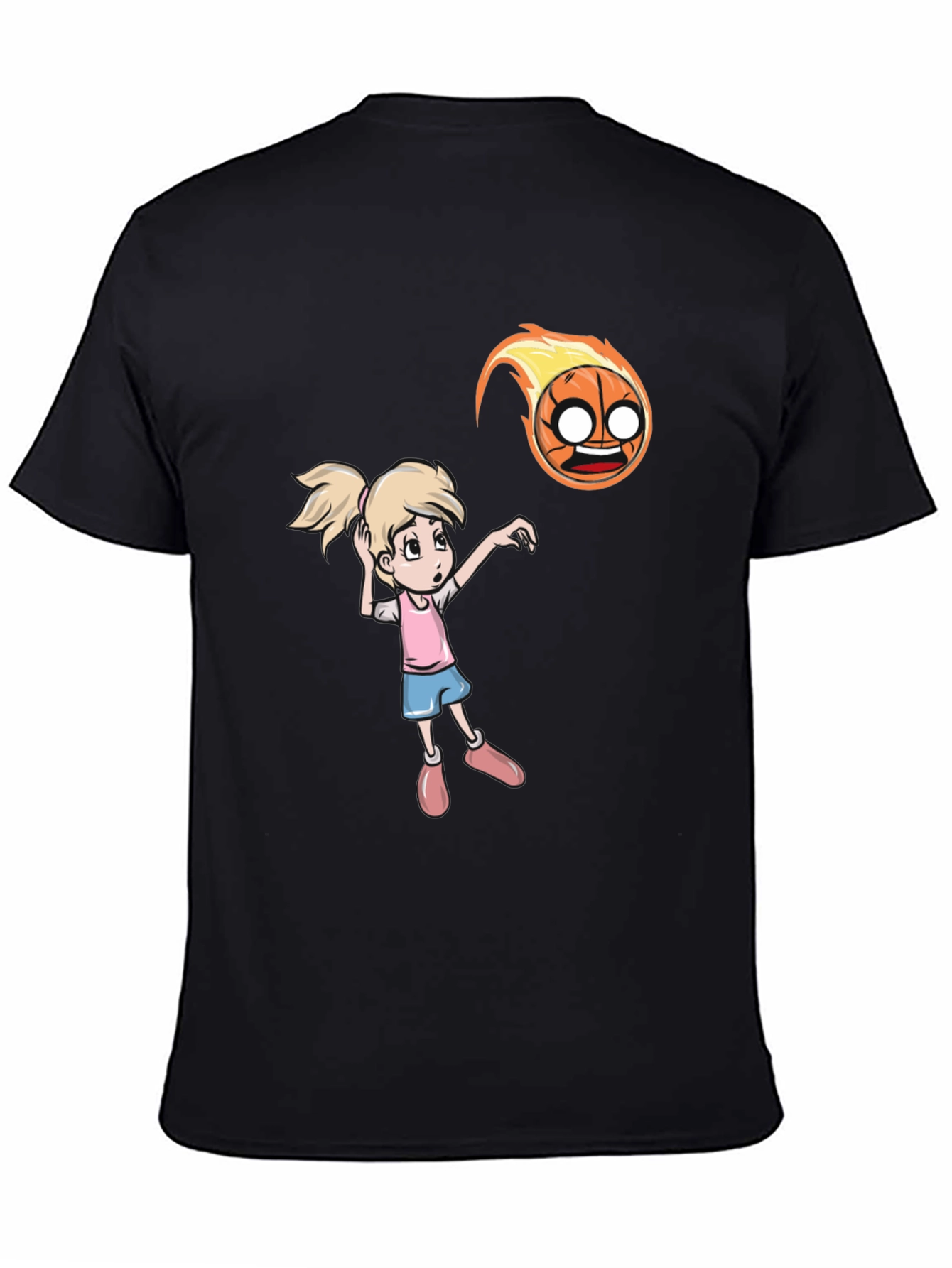 Black Cartoon Girl vs Flaming Basketball T-Shirt view 4