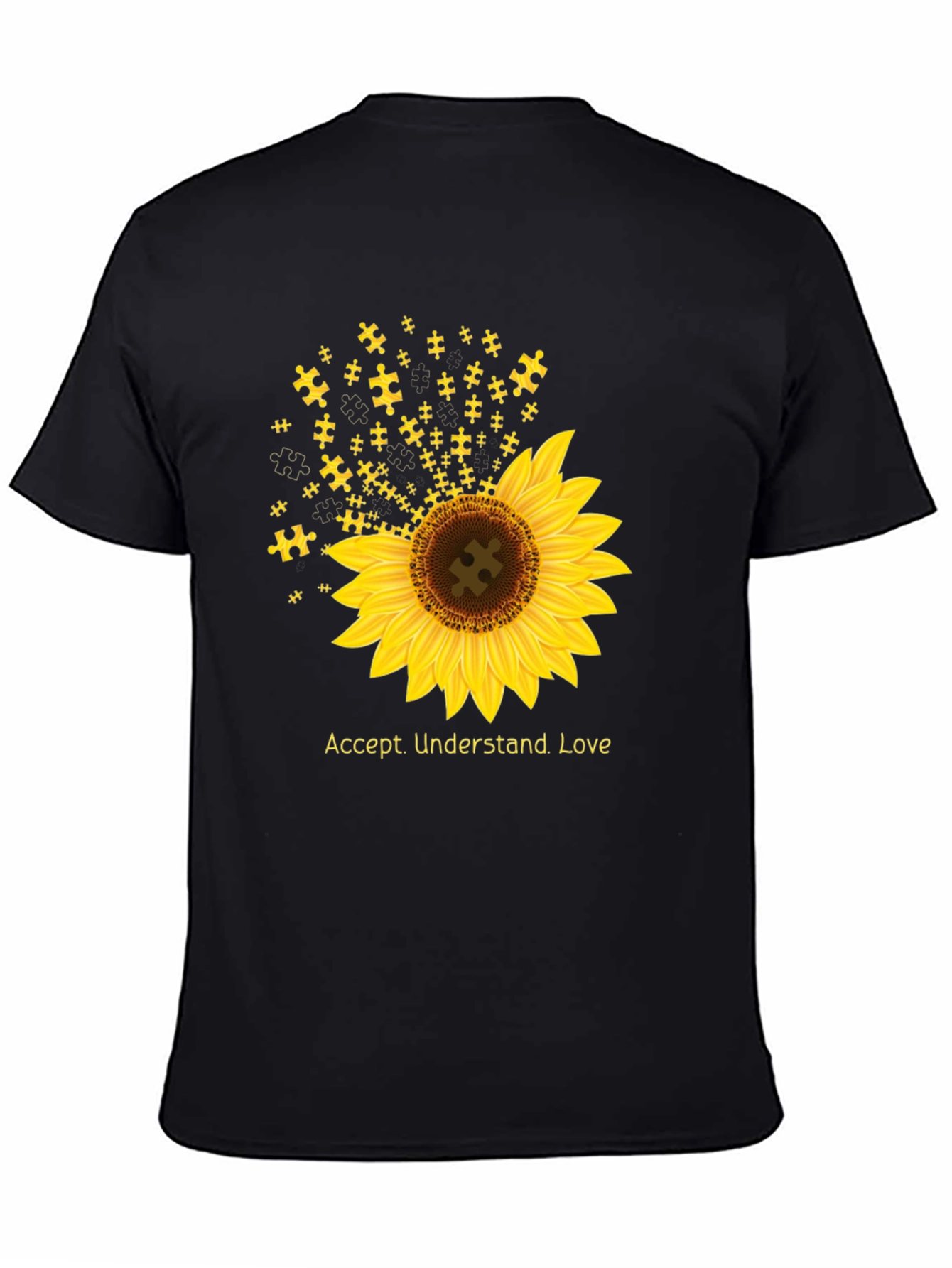 Black Autism Awareness Sunflower T-Shirt - Accept, Understand, Love view 4