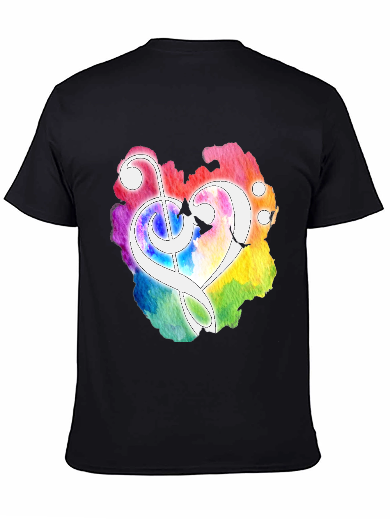 Black Watercolor Heart Treble Clef Black T-Shirt view 4