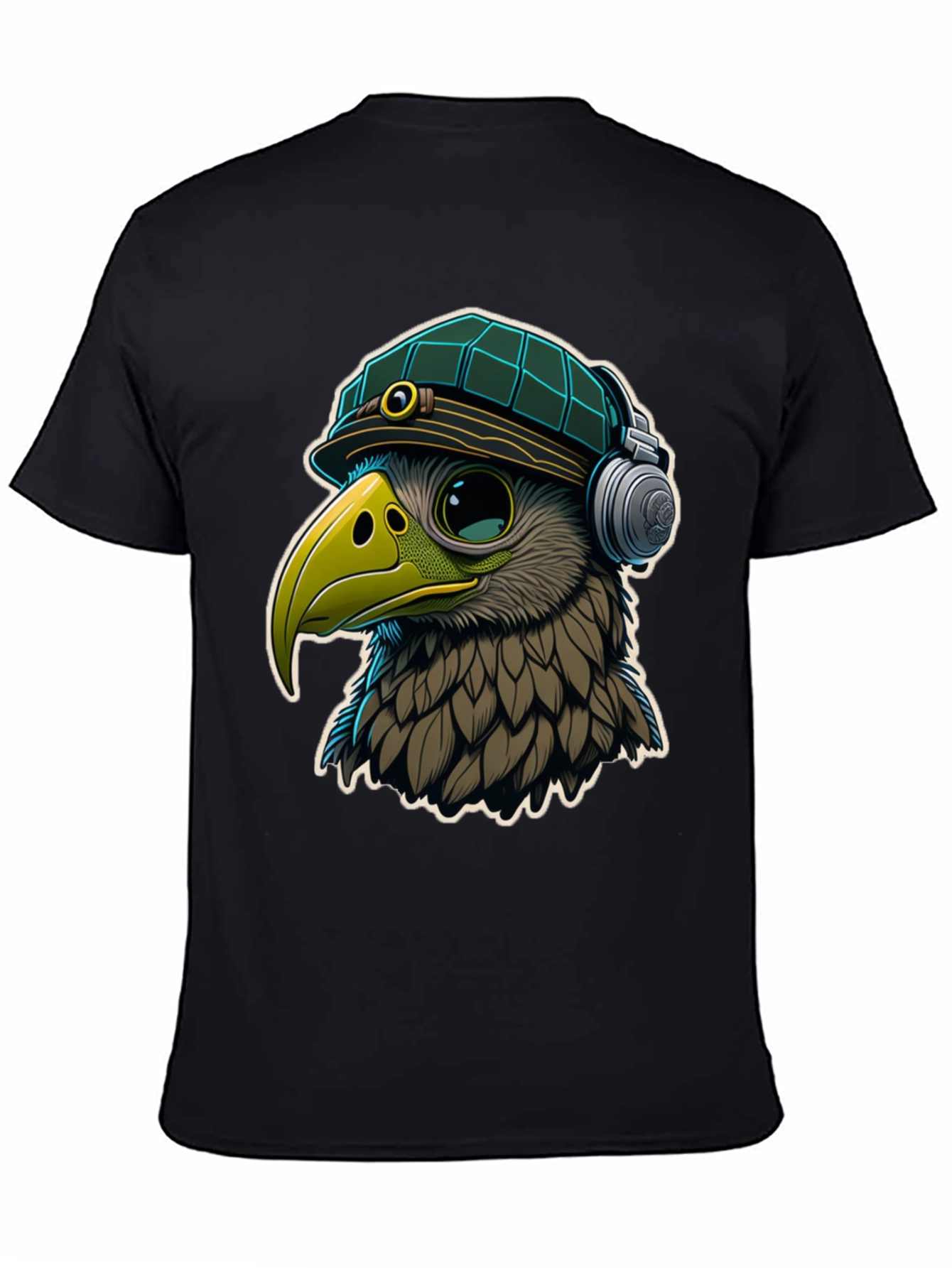 Black Cool Bird in Hat & Headphones Graphic Tee view 4
