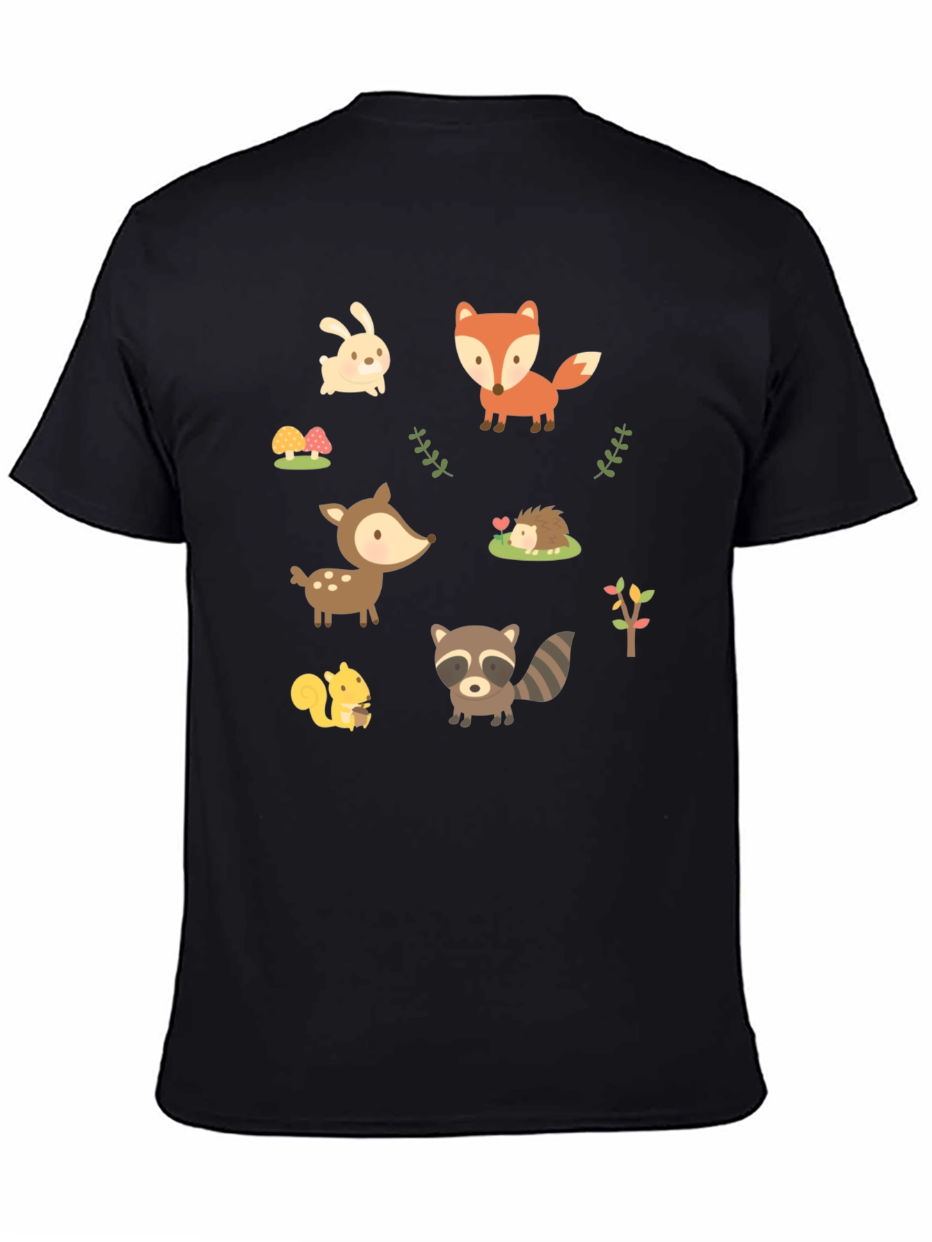 Black Cute Woodland Animal Print Black T-Shirt view 4