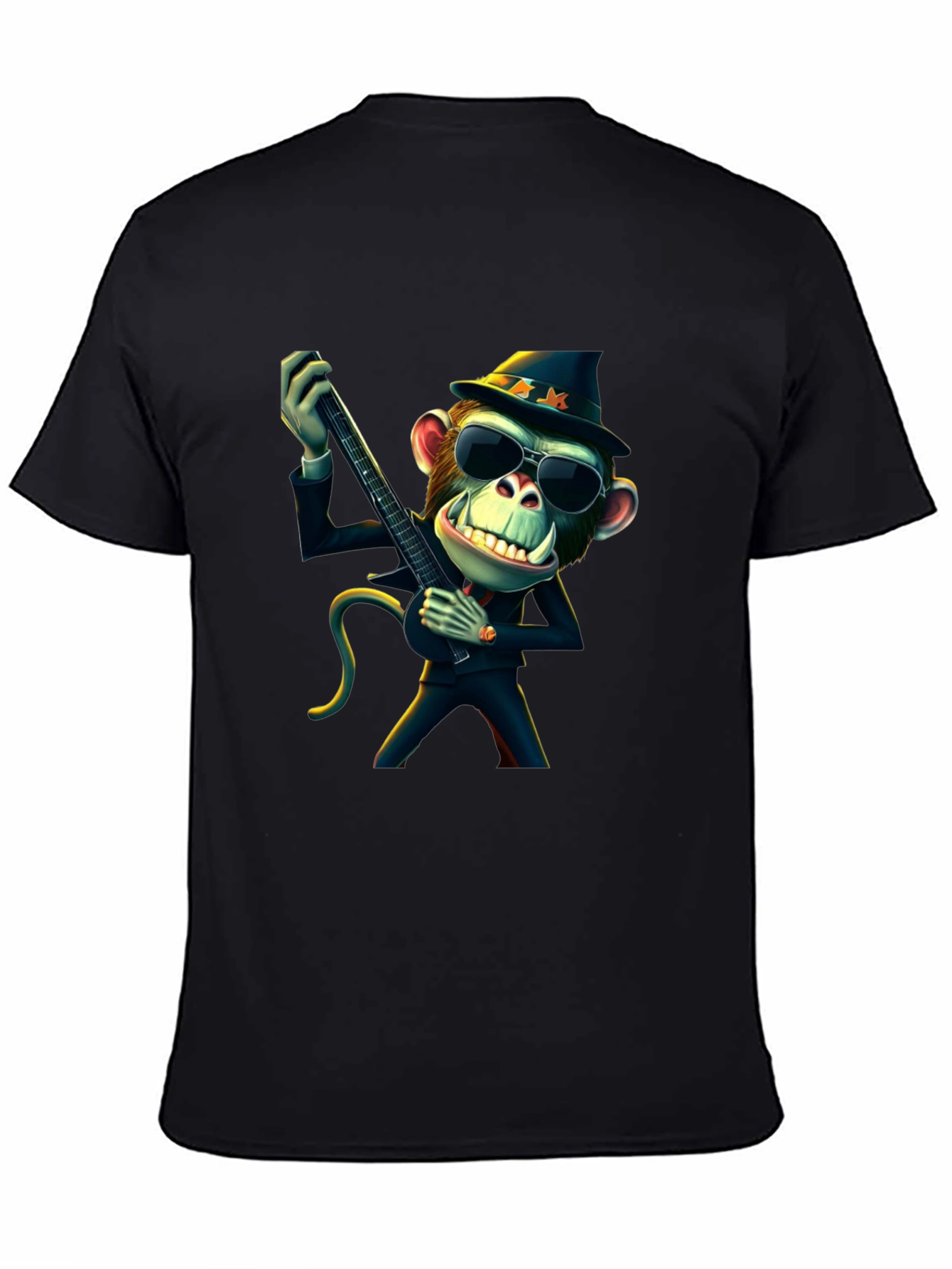 Black Cool Monkey Guitarist Black T-Shirt view 4