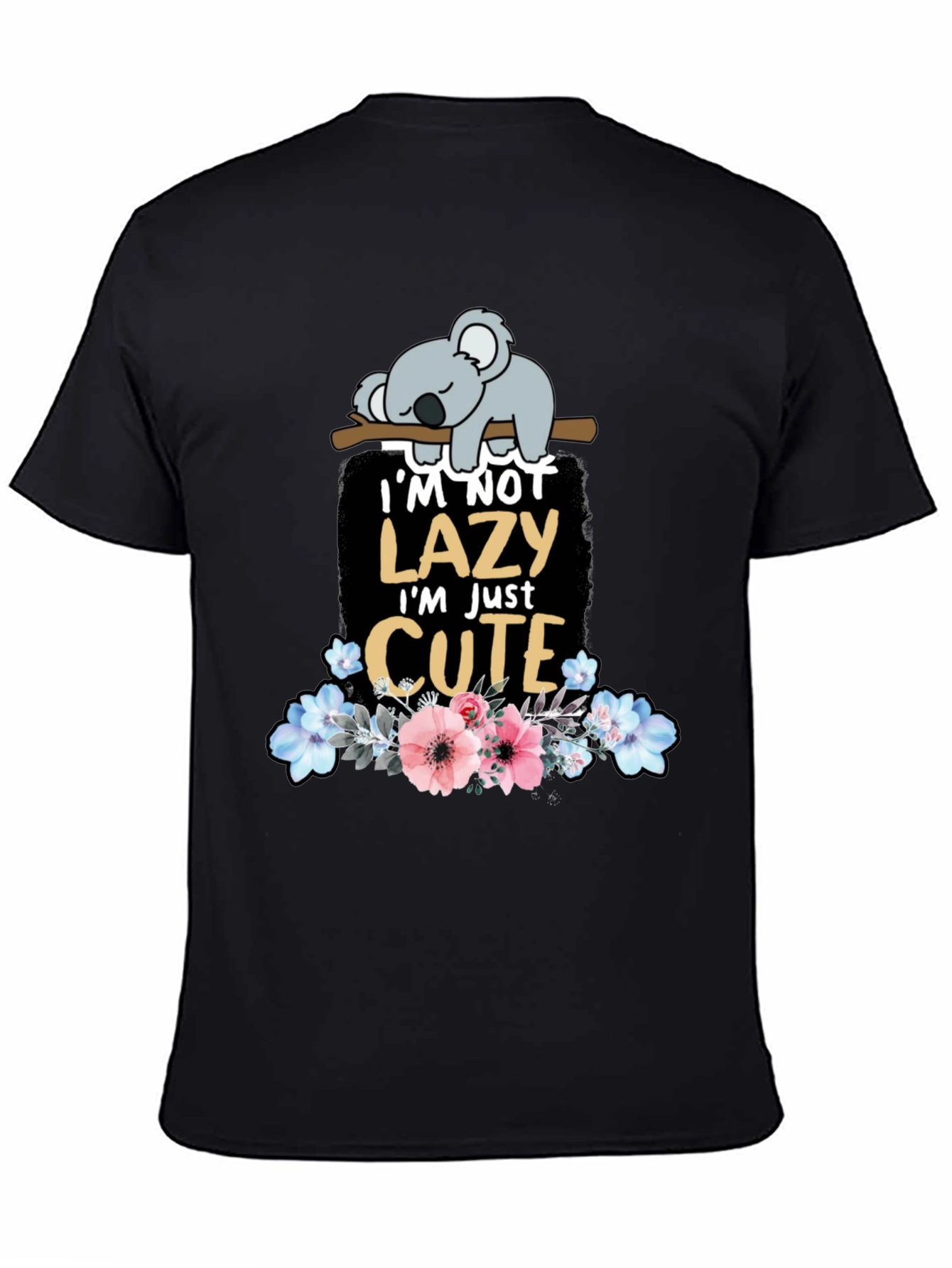 Black Lazy Koala T-Shirt: Cute Floral Design view 4
