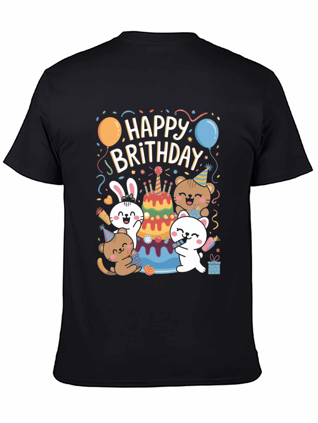 Black Happy Brithday T-Shirt With Cute Animal Graphics view 4