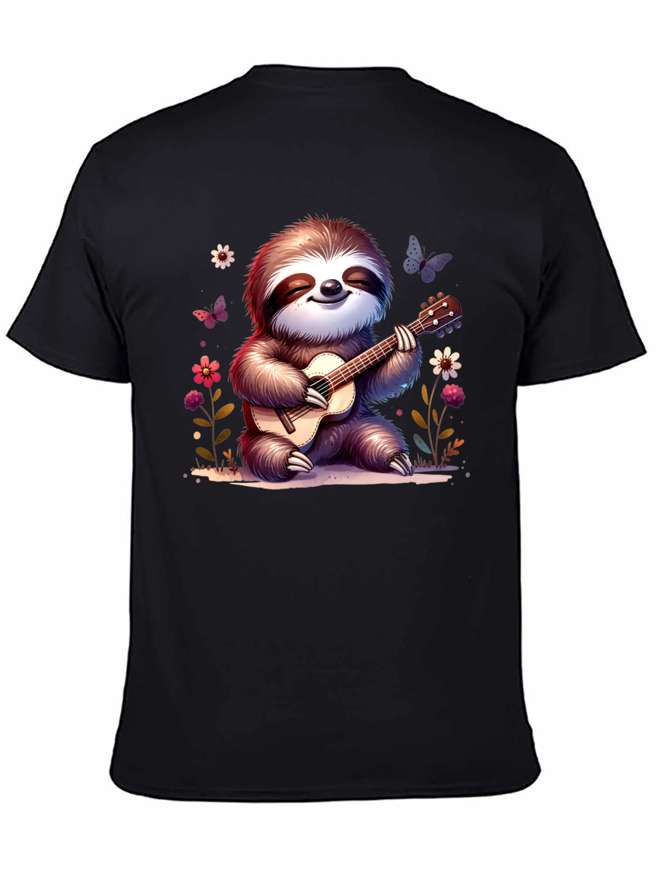 Black Cute Sloth Guitarist Graphic T-Shirt view 4