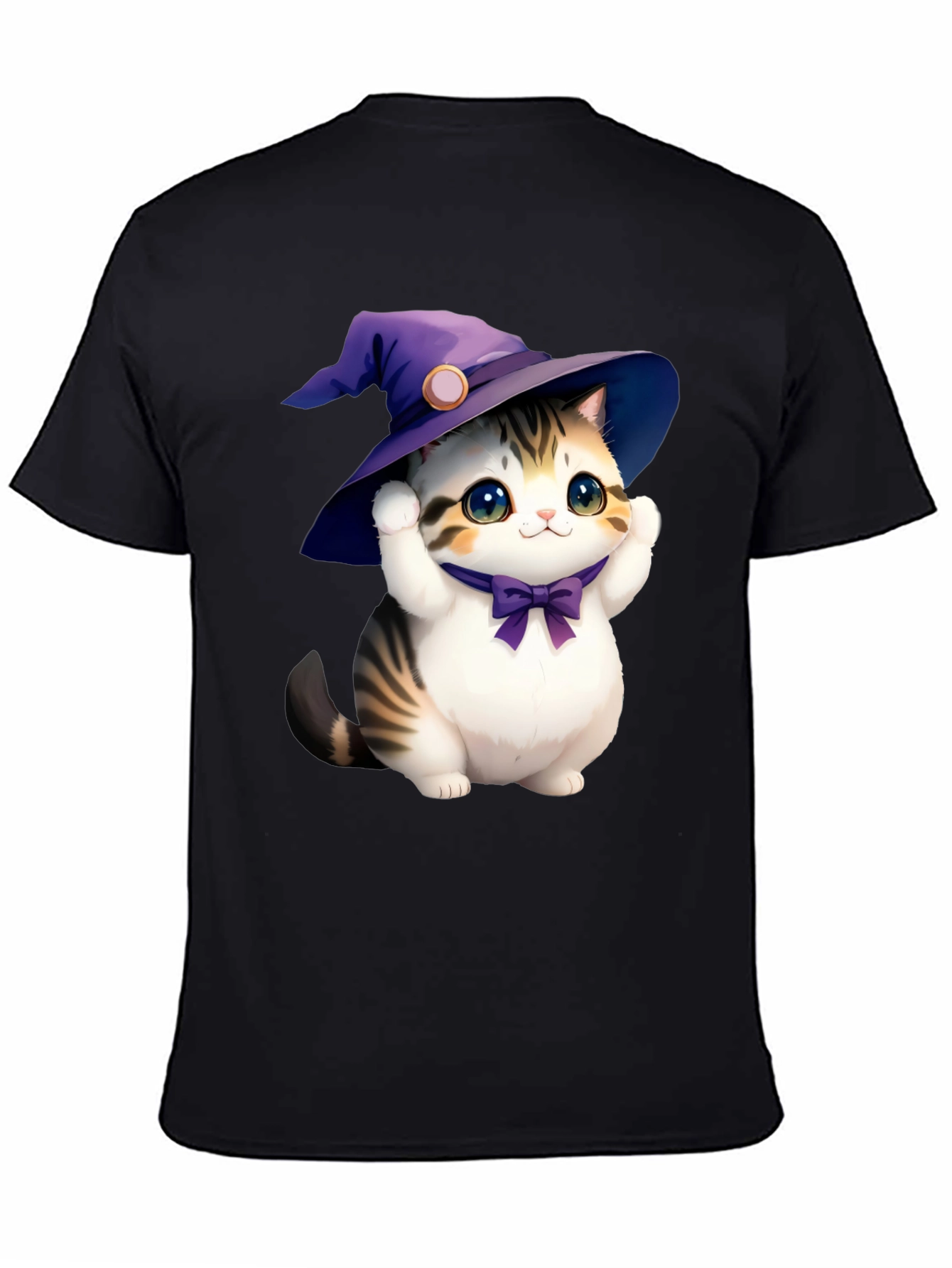 Black Cute Cat in Witch Hat Graphic Tee - Black view 4