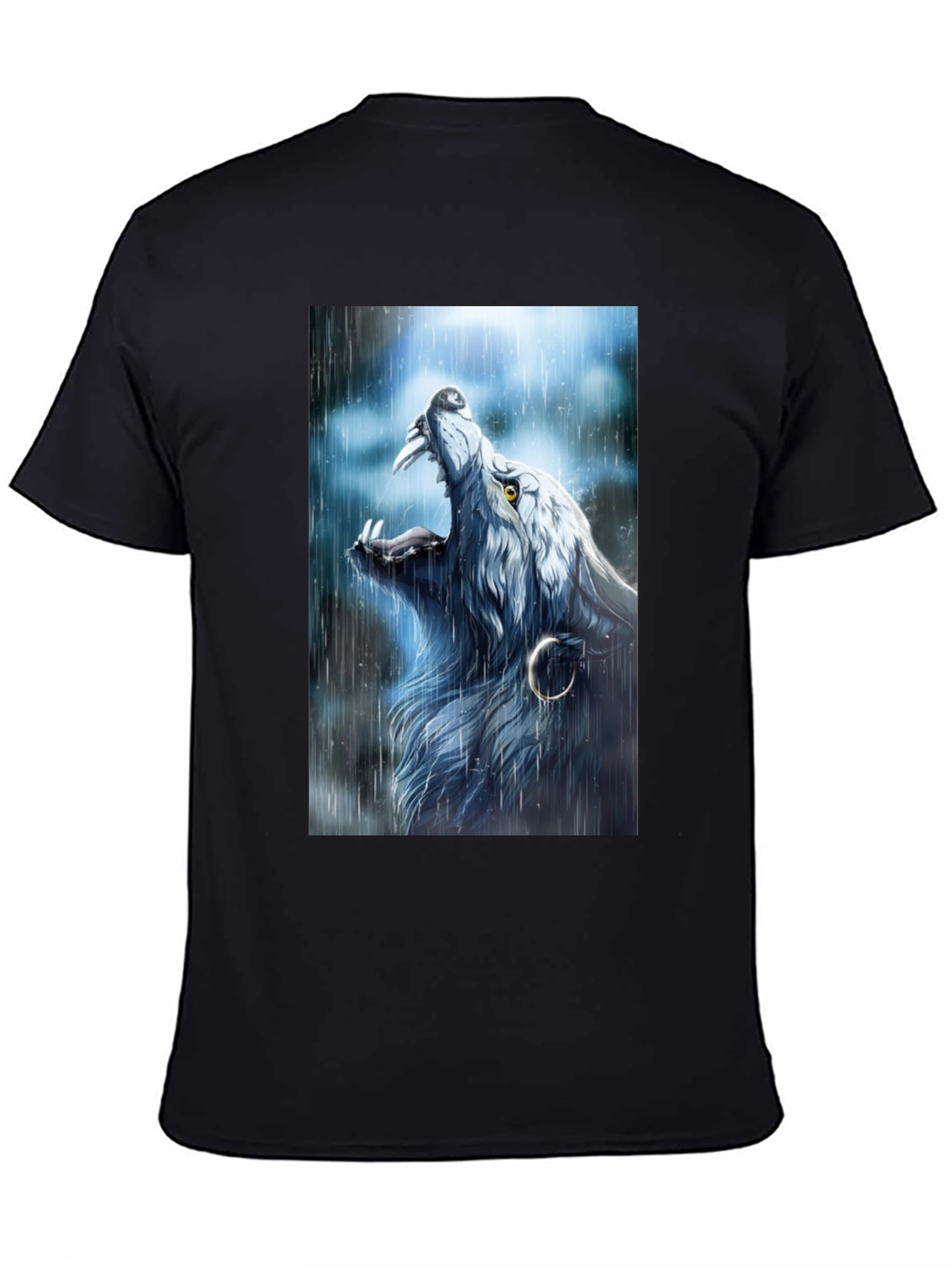 Black Wolf Howling in Rain Graphic Black T-Shirt view 4