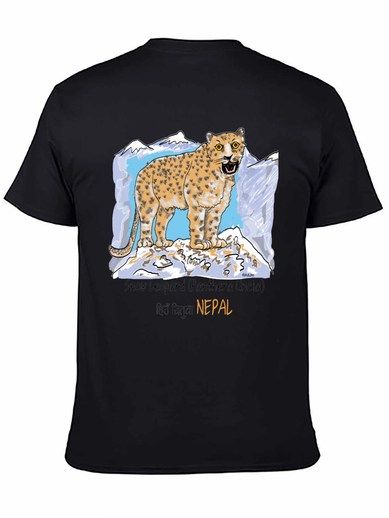 Black Snow Leopard Graphic Tee - Nepal Wildlife Shirt view 4