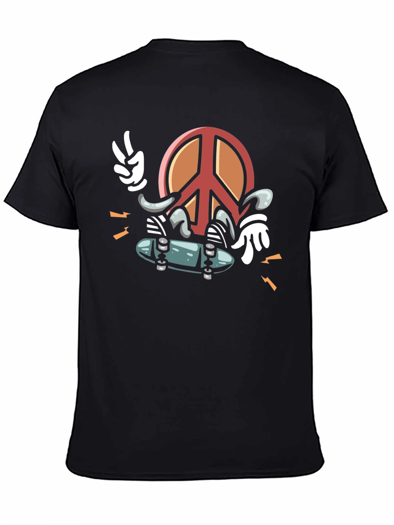 Black Cool Peace Sign Skateboarder Graphic Black T-Shirt view 4