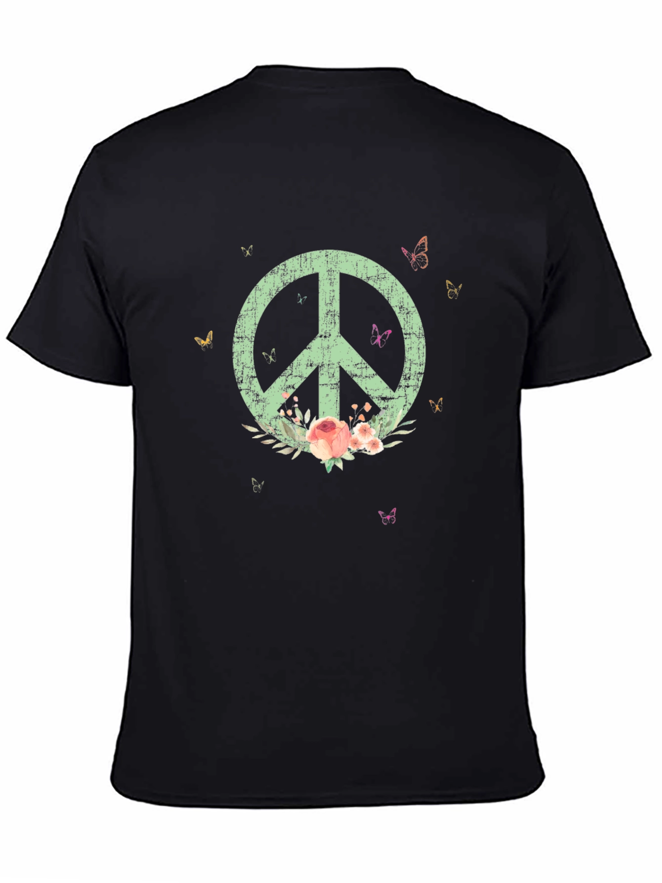 Black Peace Sign T-Shirt with Floral Accents - Stylish & Unique view 4