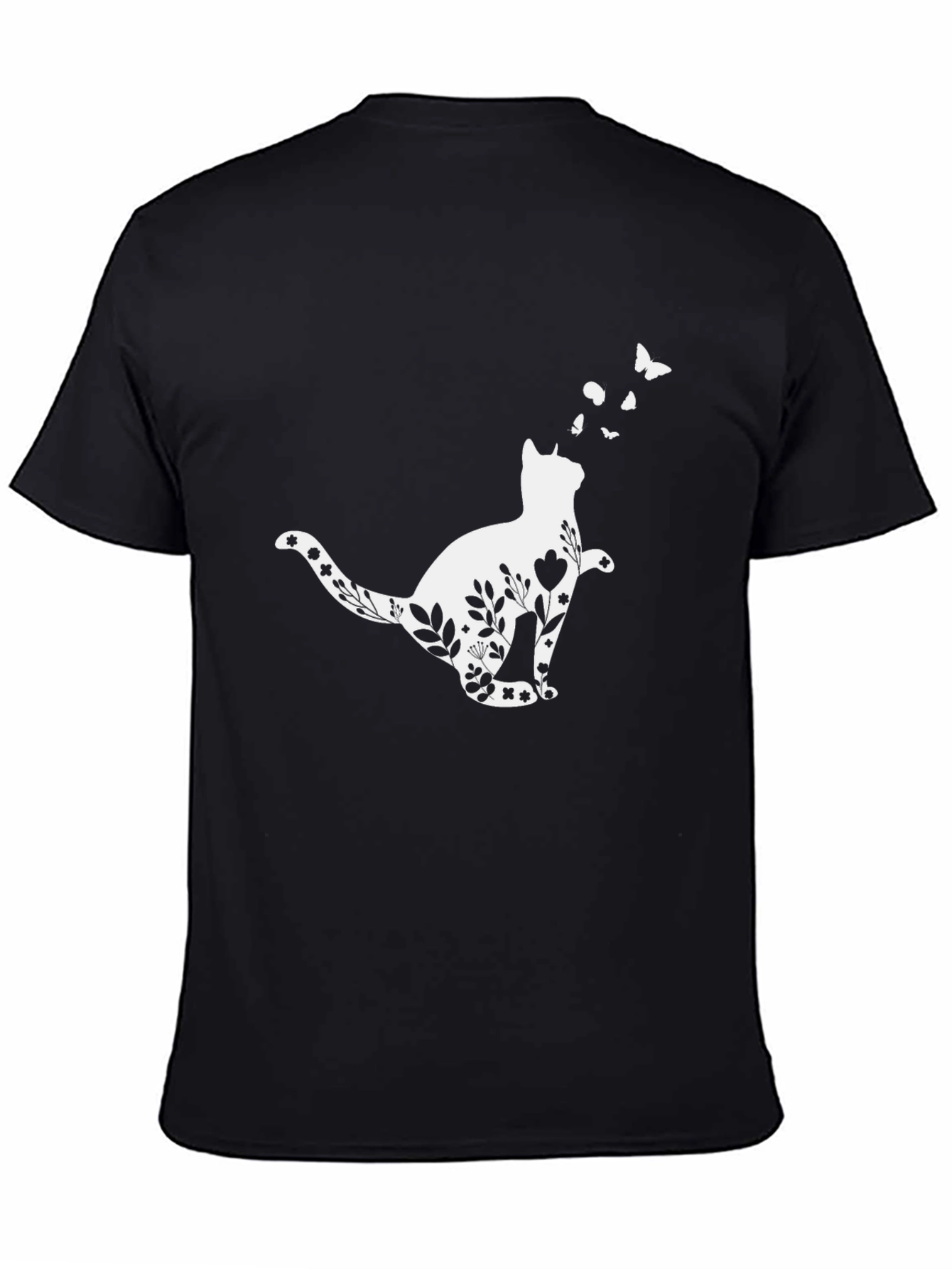 Black Floral Cat T-Shirt - Whimsical Black Tee view 4