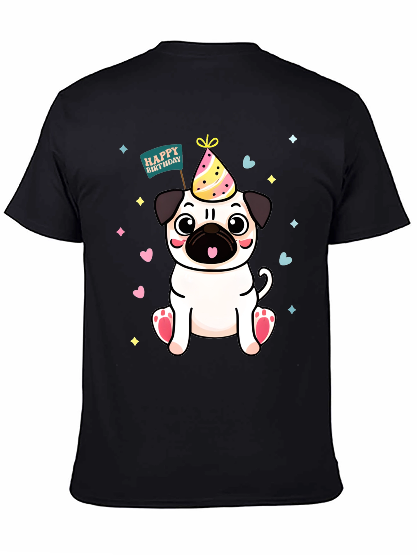 Black Cute Pug Birthday T-Shirt view 4