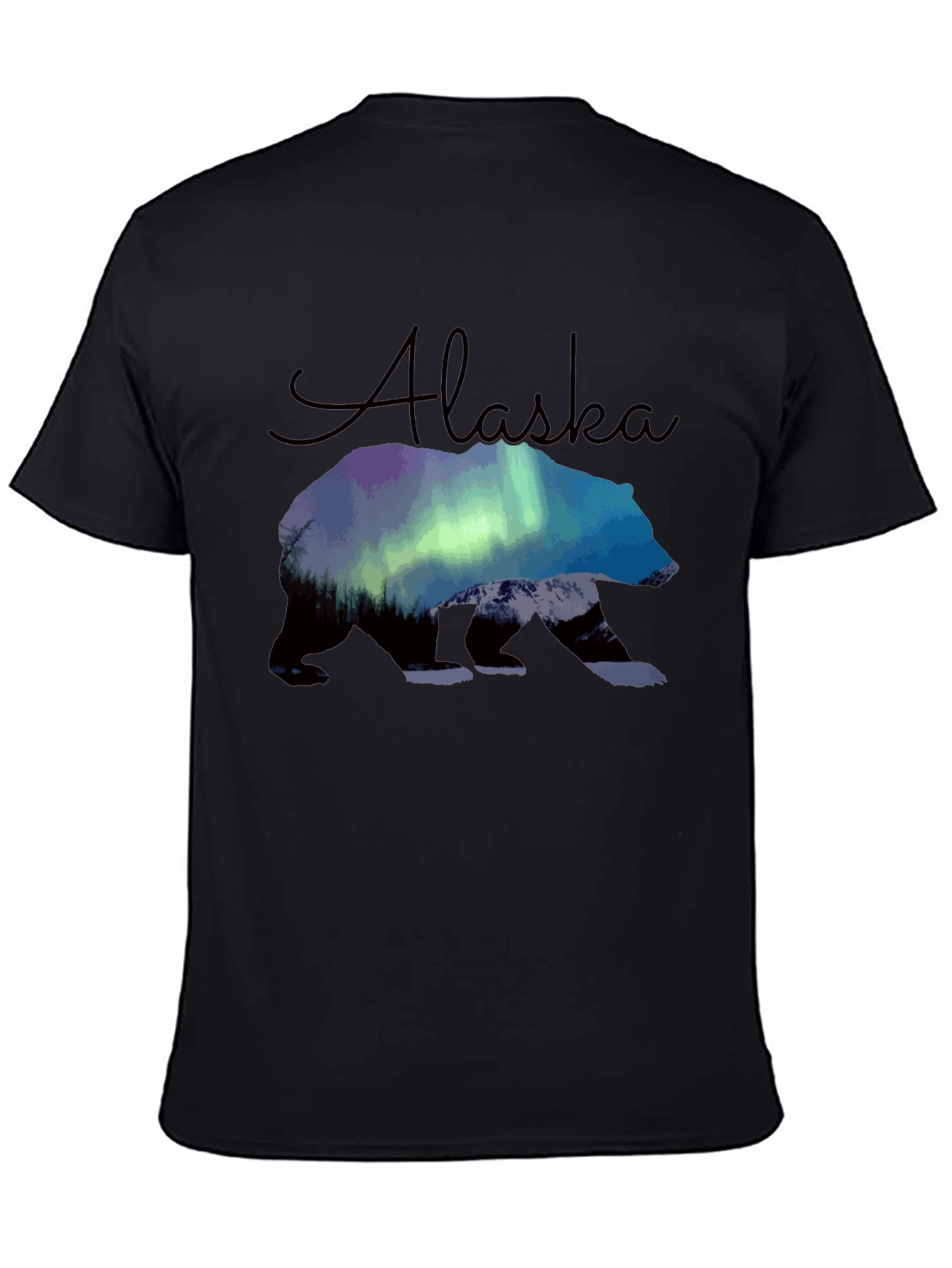 Black Alaska Bear Northern Lights Graphic T-Shirt view 4