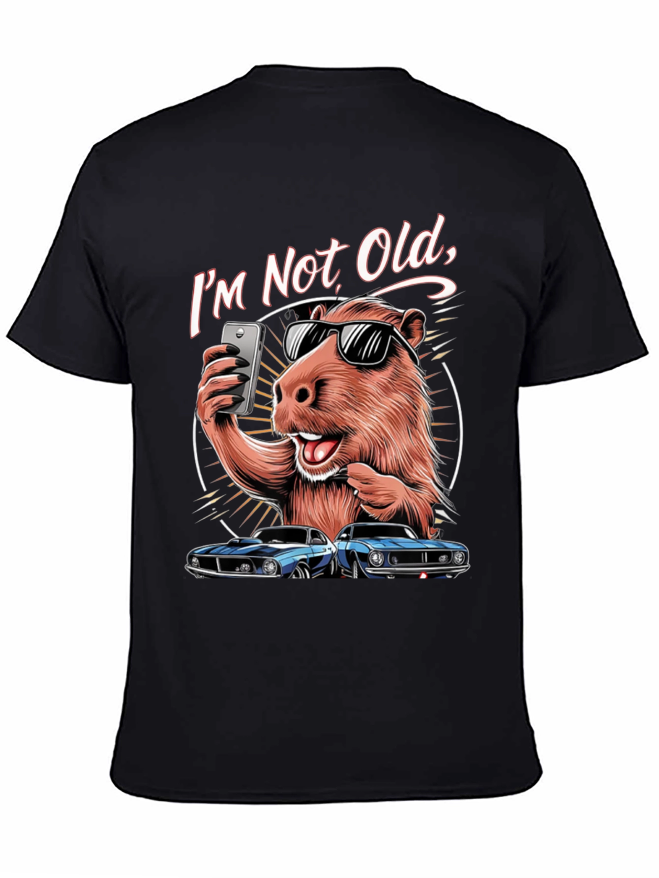 Black I'm Not Old T-Shirt: Capybara Selfie & Classic Car Design view 4