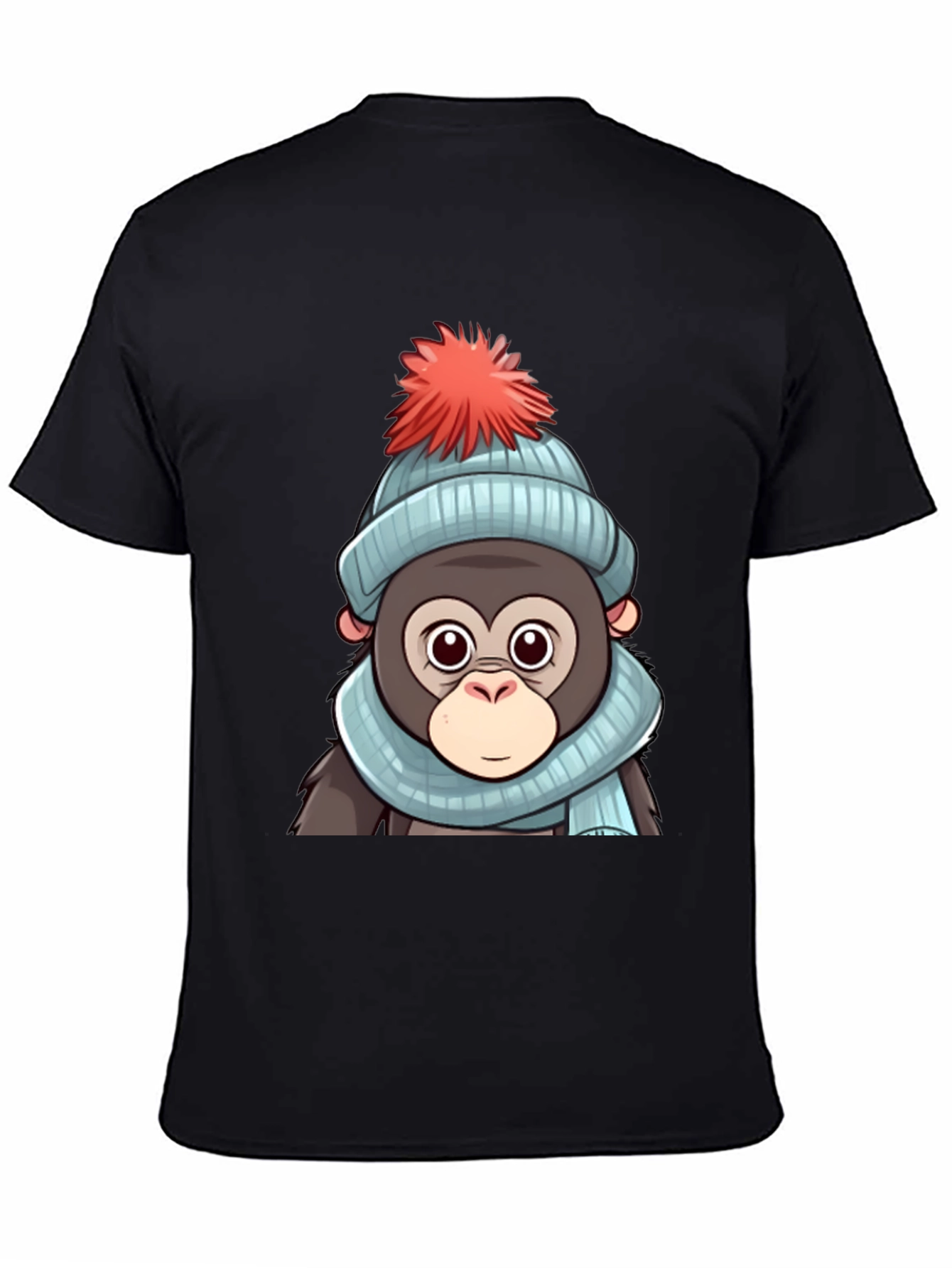 Black Cute Cartoon Monkey in Winter Hat T-Shirt view 4