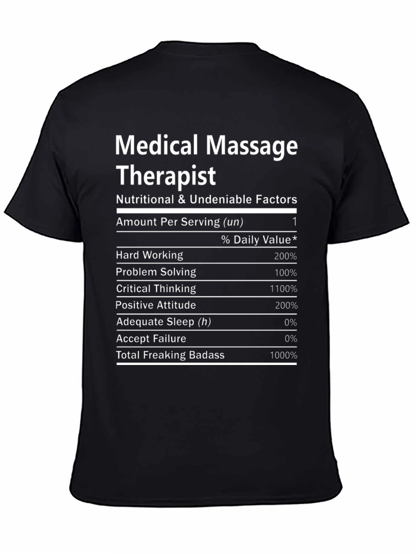Black Medical Massage Therapist Nutrition Facts Funny T-Shirt view 4