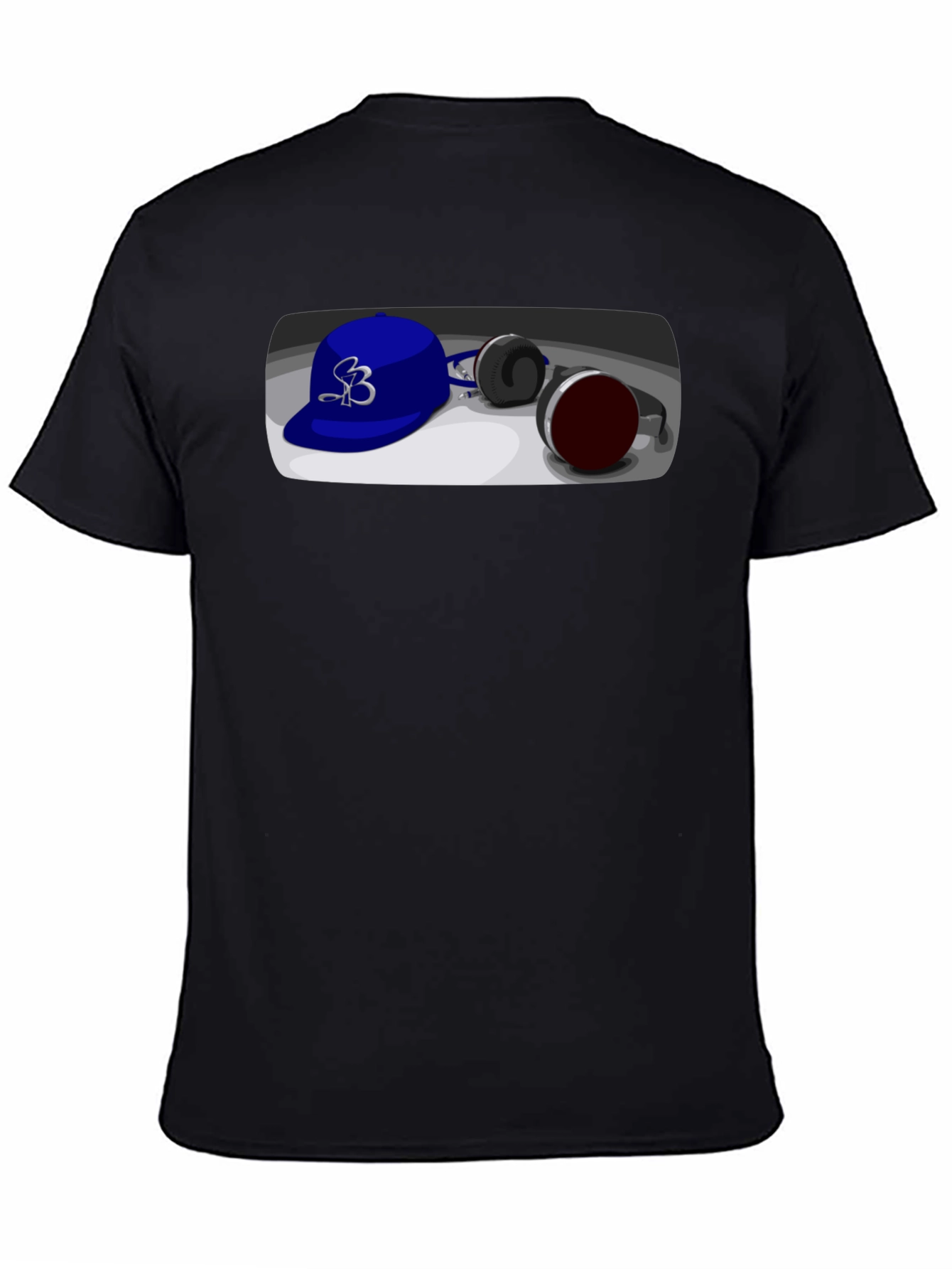Black Cool Cartoon Blue Hat and Headphones Graphic Tee view 4