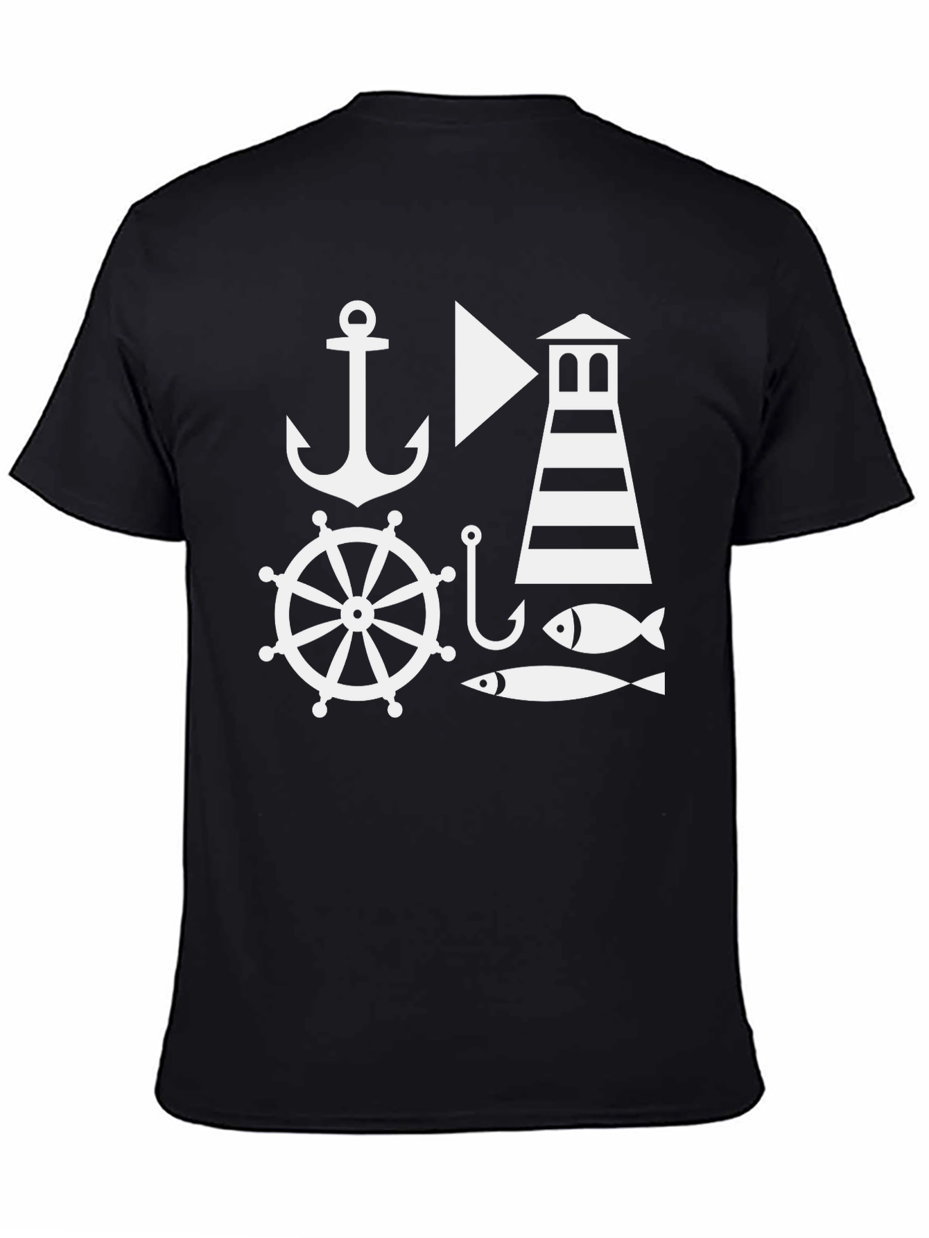 Black Nautical Theme Men's Black T-Shirt: Anchor, Lighthouse, Fish view 4