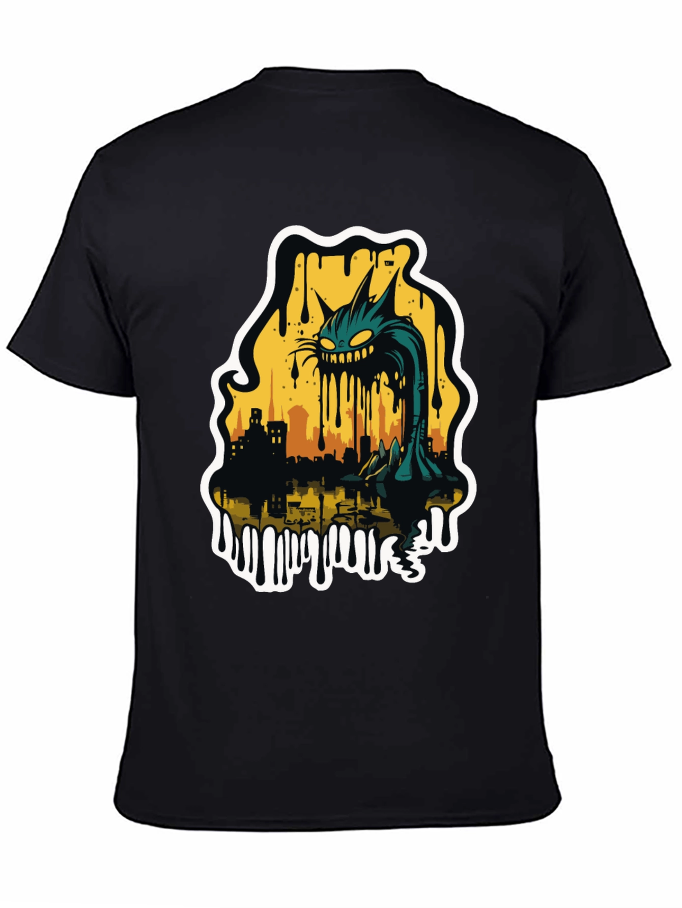 Black Monster Cat Cityscape Graphic Tee - Black view 4